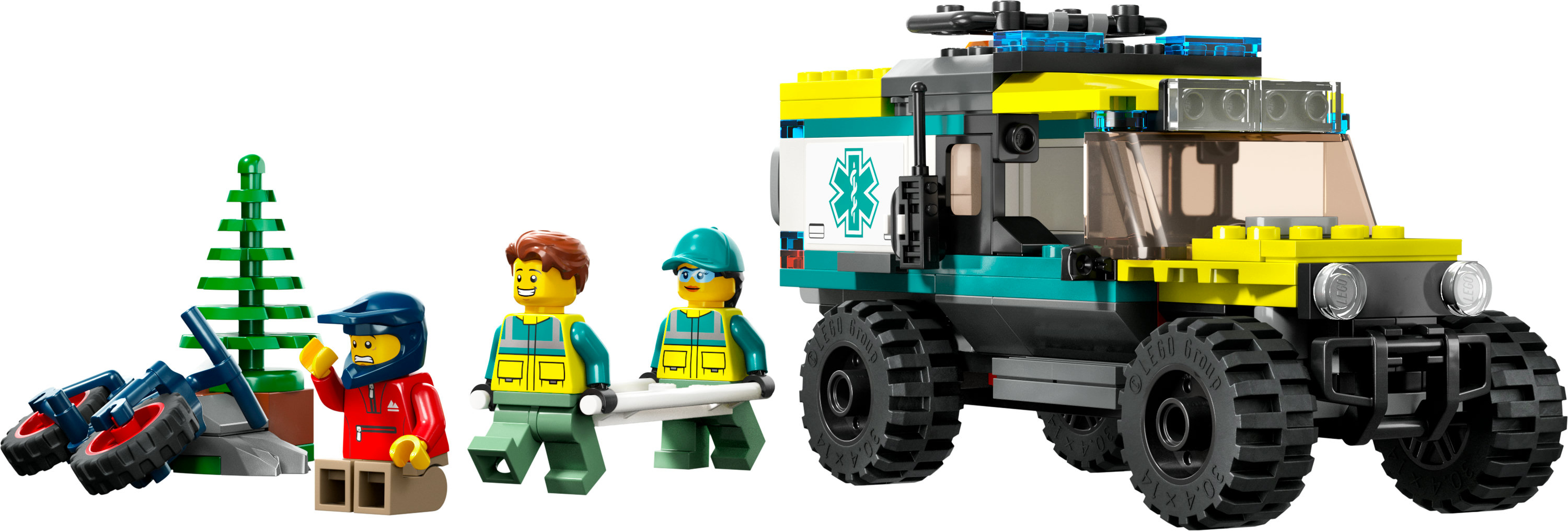 Yaralı bir motosikletçiye müdahale eden paramedikler ile bir Lego City ambulansı.