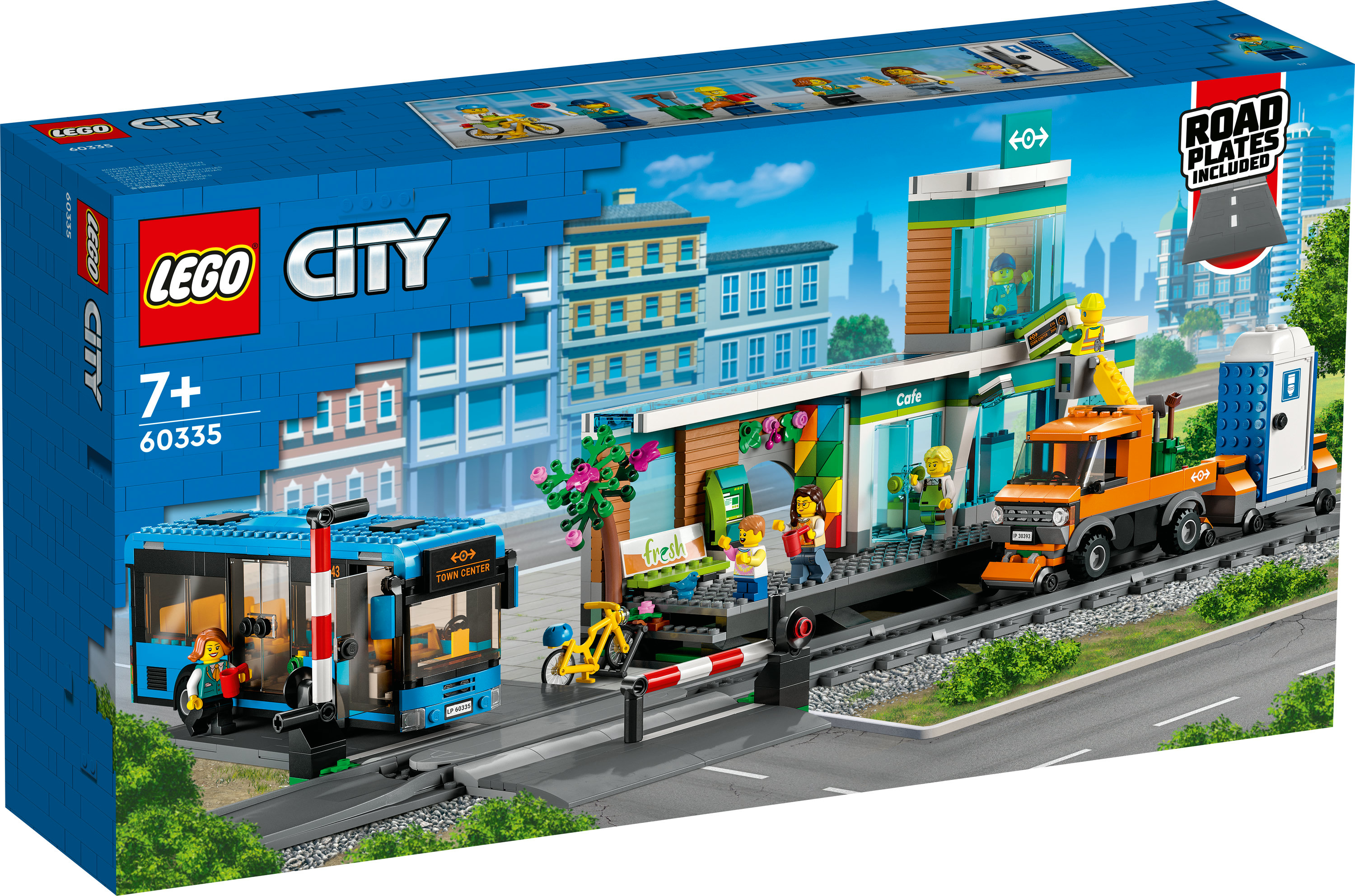 Zestaw Lego City z autobusem, dworcem kolejowym, ludźmi, kawiarnią i ciężarówką.