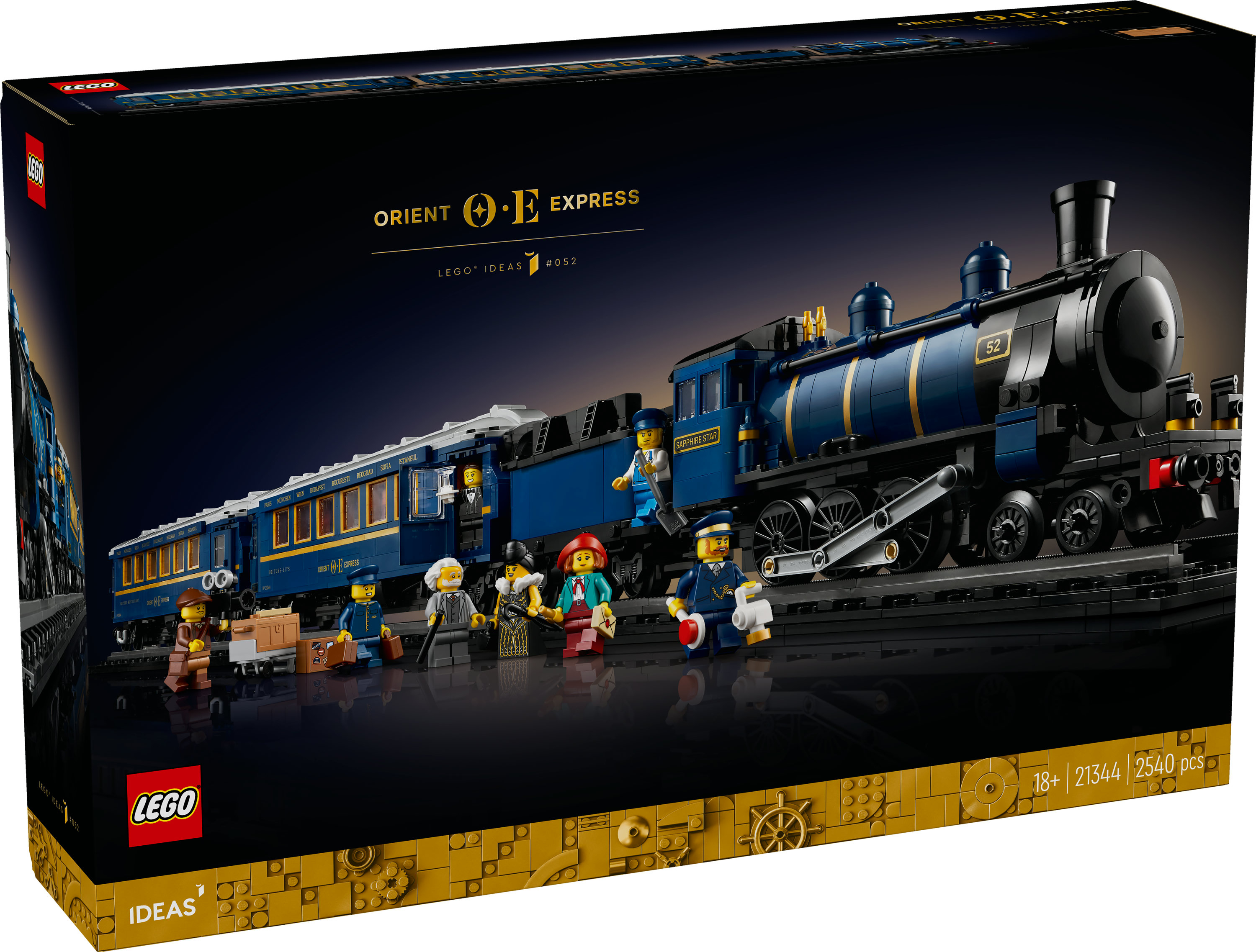 Grafika pudełka zestawu Lego Orient Express z pociągiem, figurkami i ciemnym tłem.