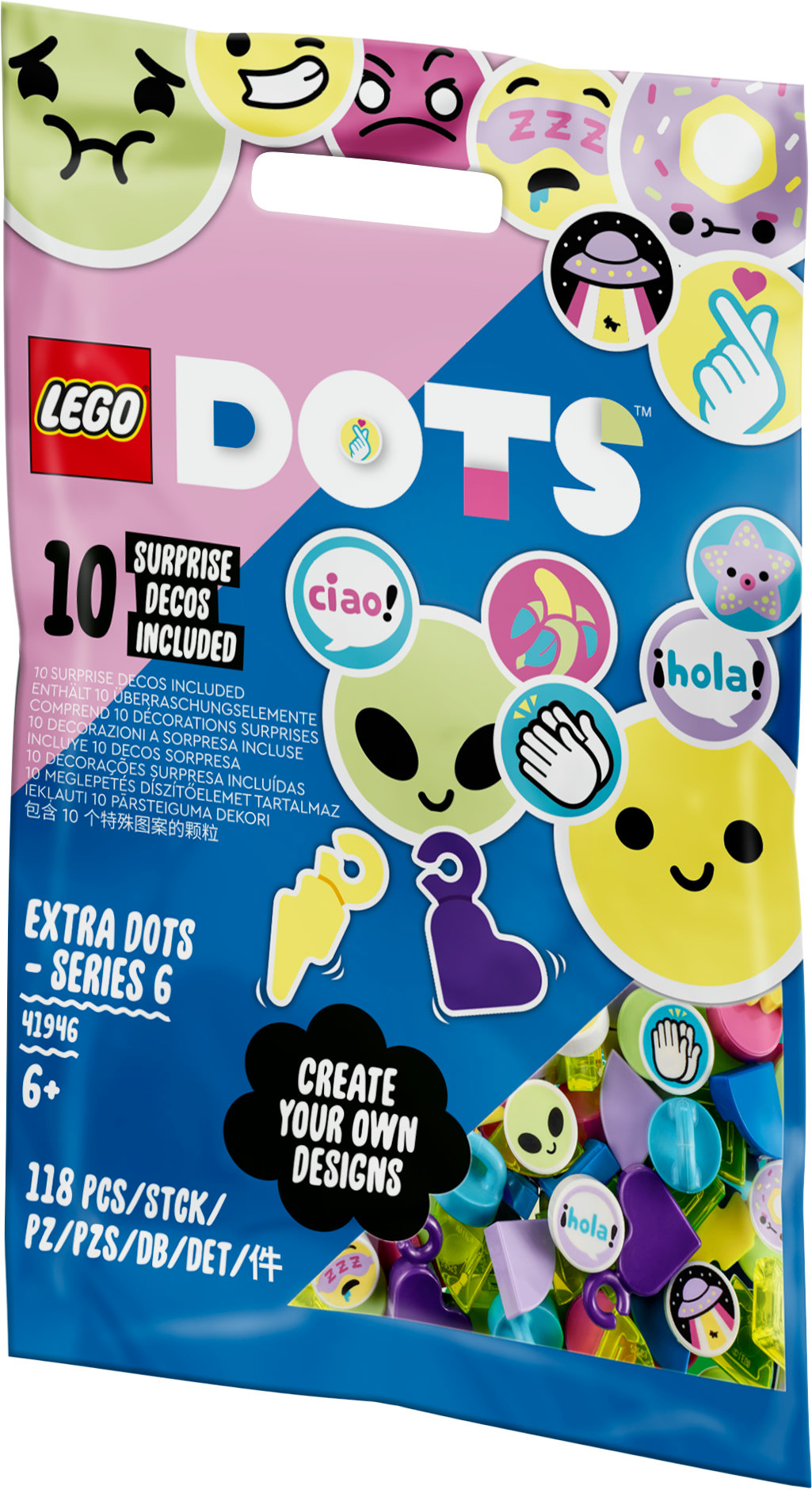 Lego Dots-Beutel mit bunten Punkten, Emojis und verschiedenen Designelementen.