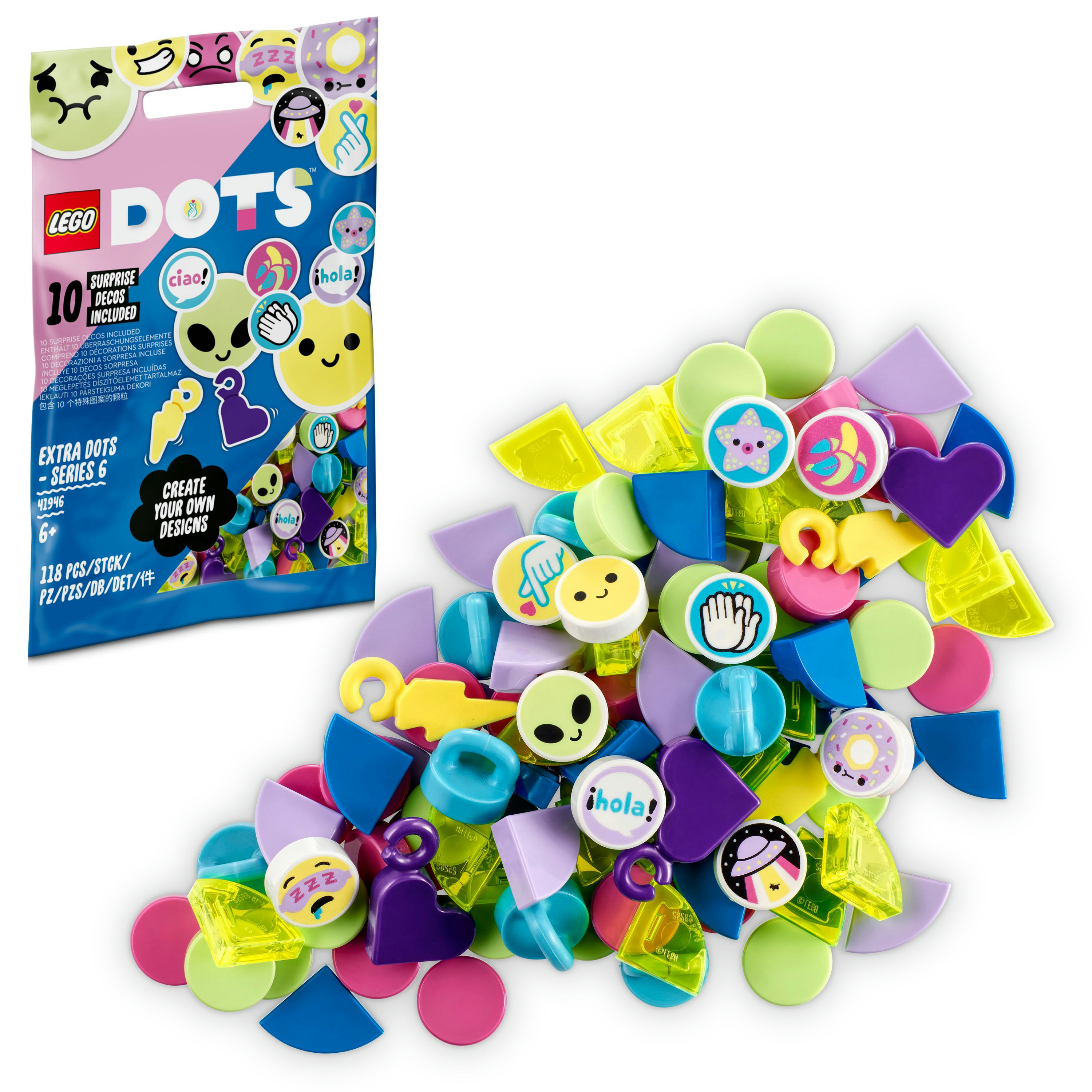 Eine Sammlung von Lego Dots-Teilen, einschließlich bunter Punkte, Emoji-Gesichter und Formen.
