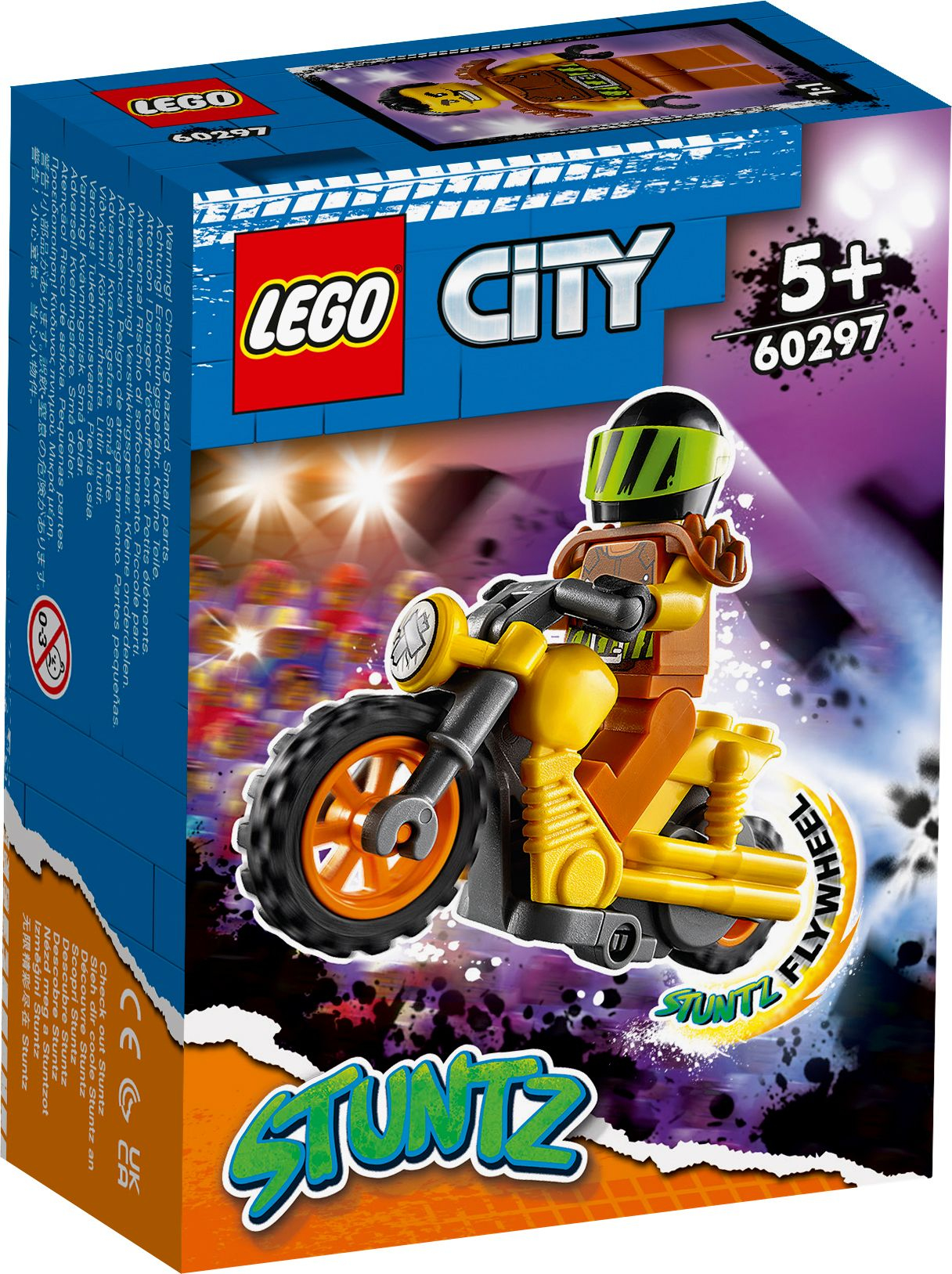 Eine Lego City Stuntz-Box mit Motorrad und Stuntfahrer.