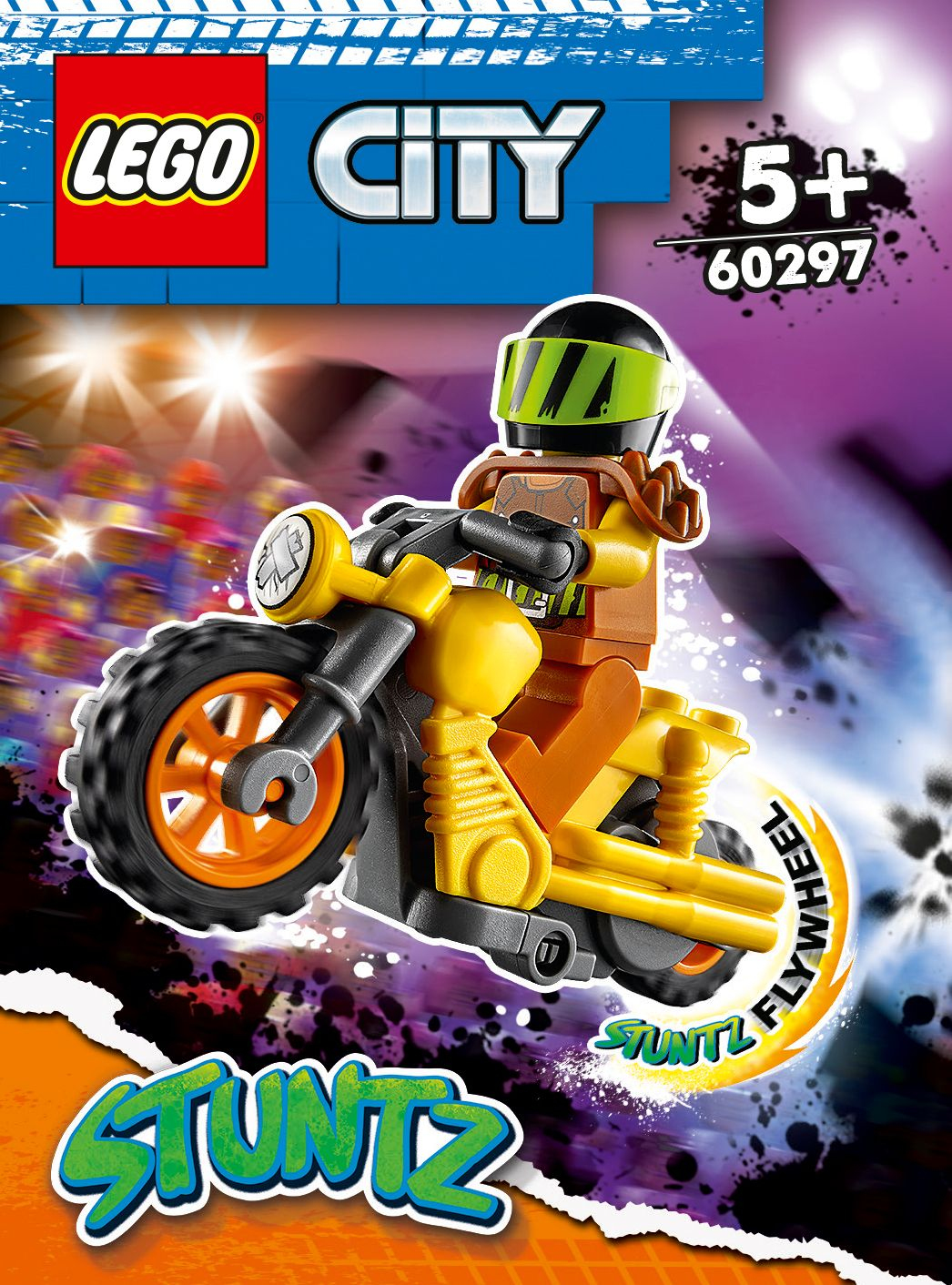 Lego City Stuntz-Box mit Motorrad und Stuntfahrer, der einen Stunt ausführt.