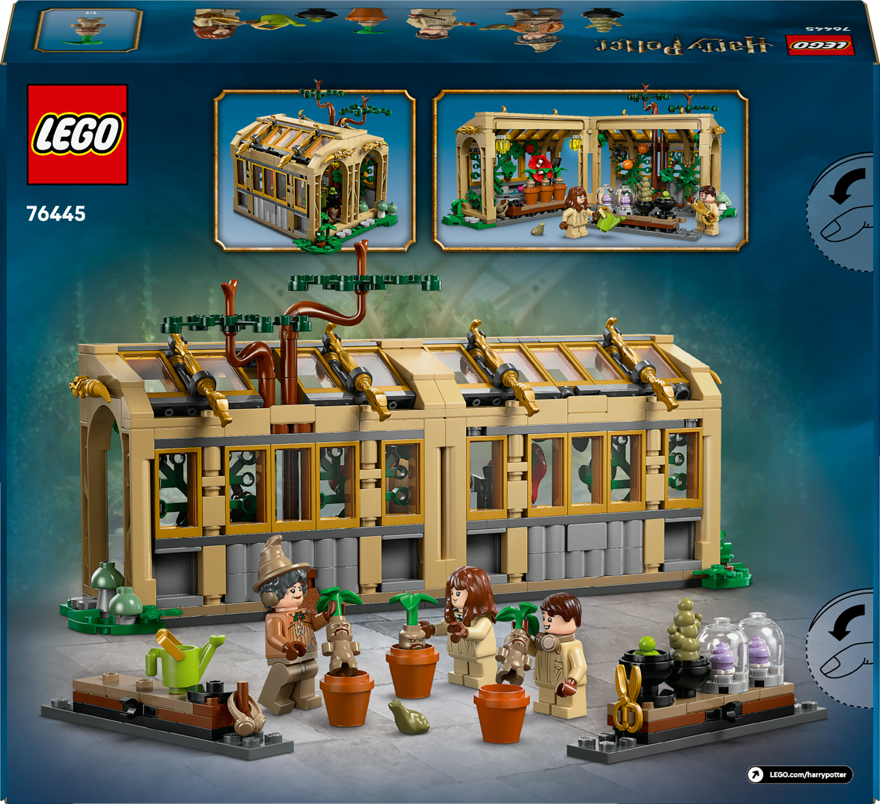 Caja del set de Lego que muestra una clase de herbología de Harry Potter. Figuras y edificio son visibles con el logo de Lego.