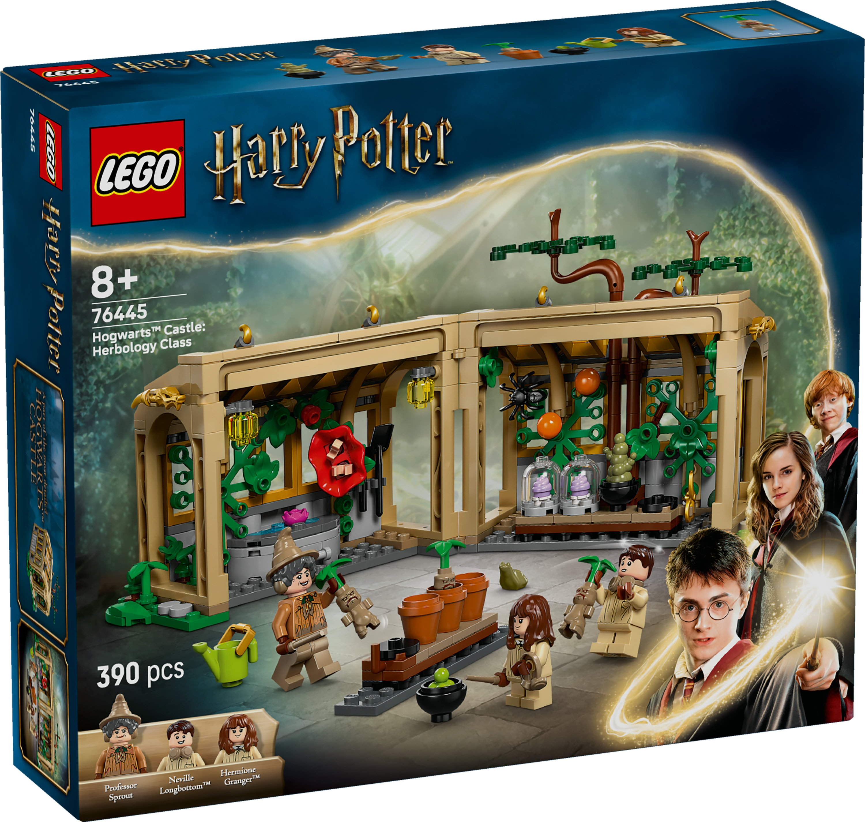 Caja del set de Lego con Harry Potter y Hogwarts. La caja muestra el edificio, los personajes y el logo de Lego.