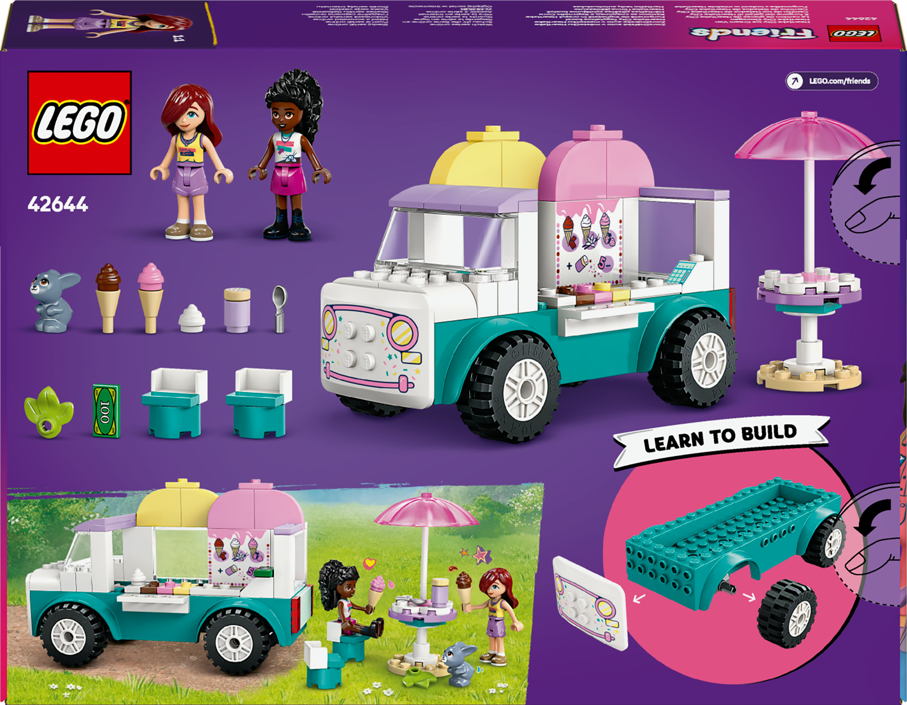 Tył pudełka Lego Friends. Ciężarówka z lodami z figurkami i akcesoriami. Motyw przewodni to „Nauka budowania”.