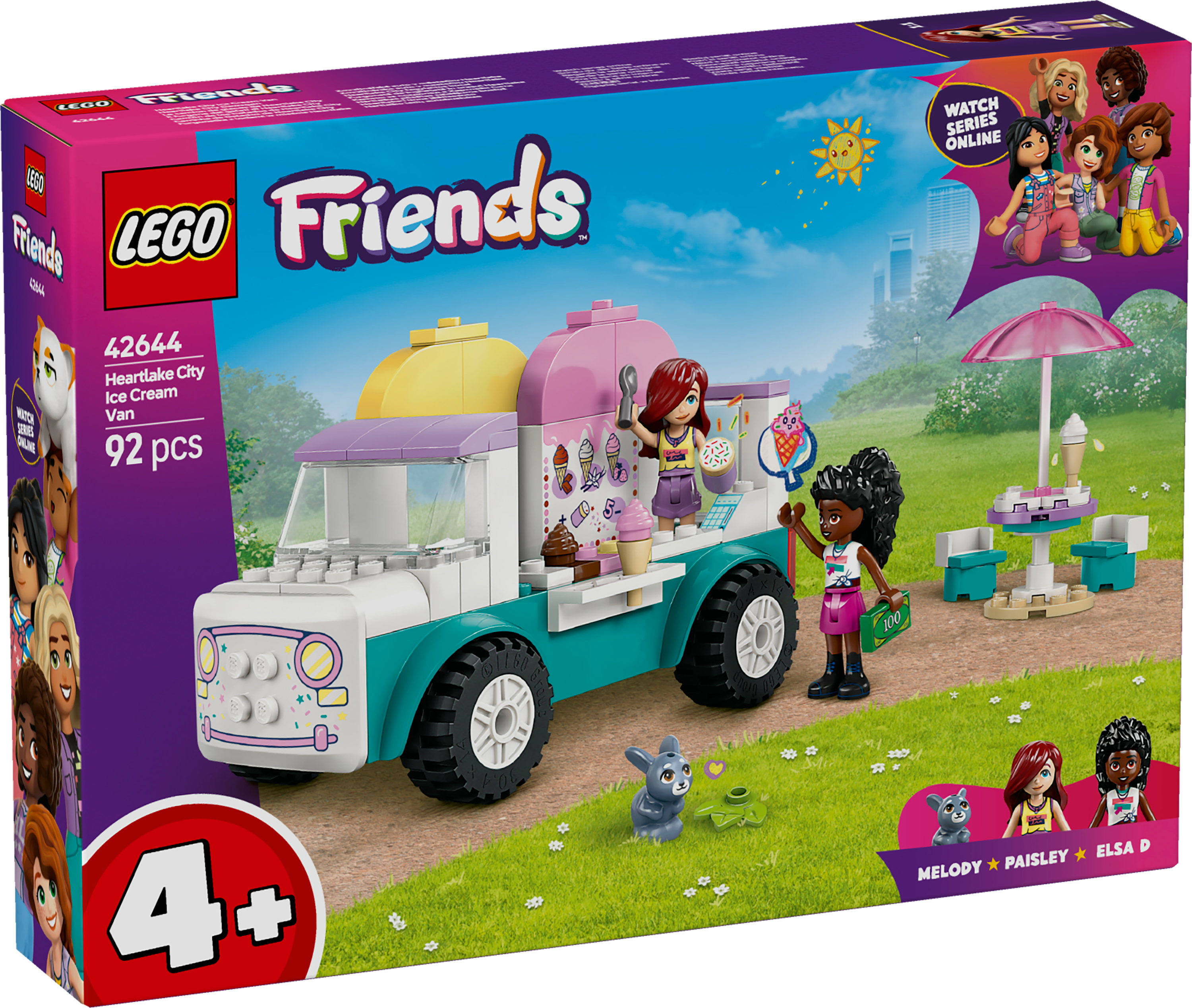 Pudełko Lego Friends z lodziarnią. Ciężarówka z figurkami, akcesoriami i królikiem. Pudełko jest na zielonej łące.