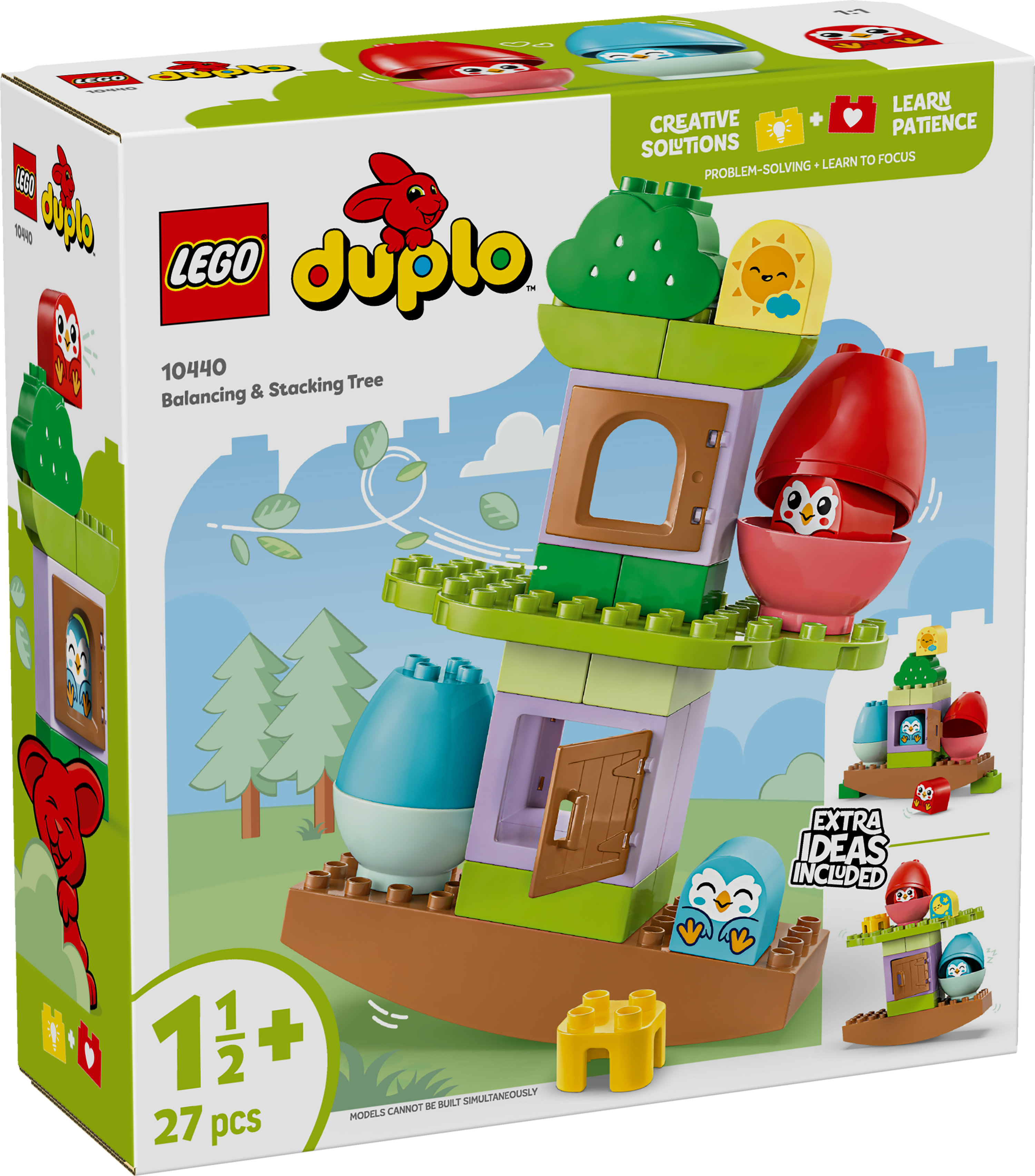 Przód pudełka zestawu Lego Duplo Balancing & Stacking Tree. Pokazano domek na drzewie z sowami, słońcem i czerwonym jajkiem.