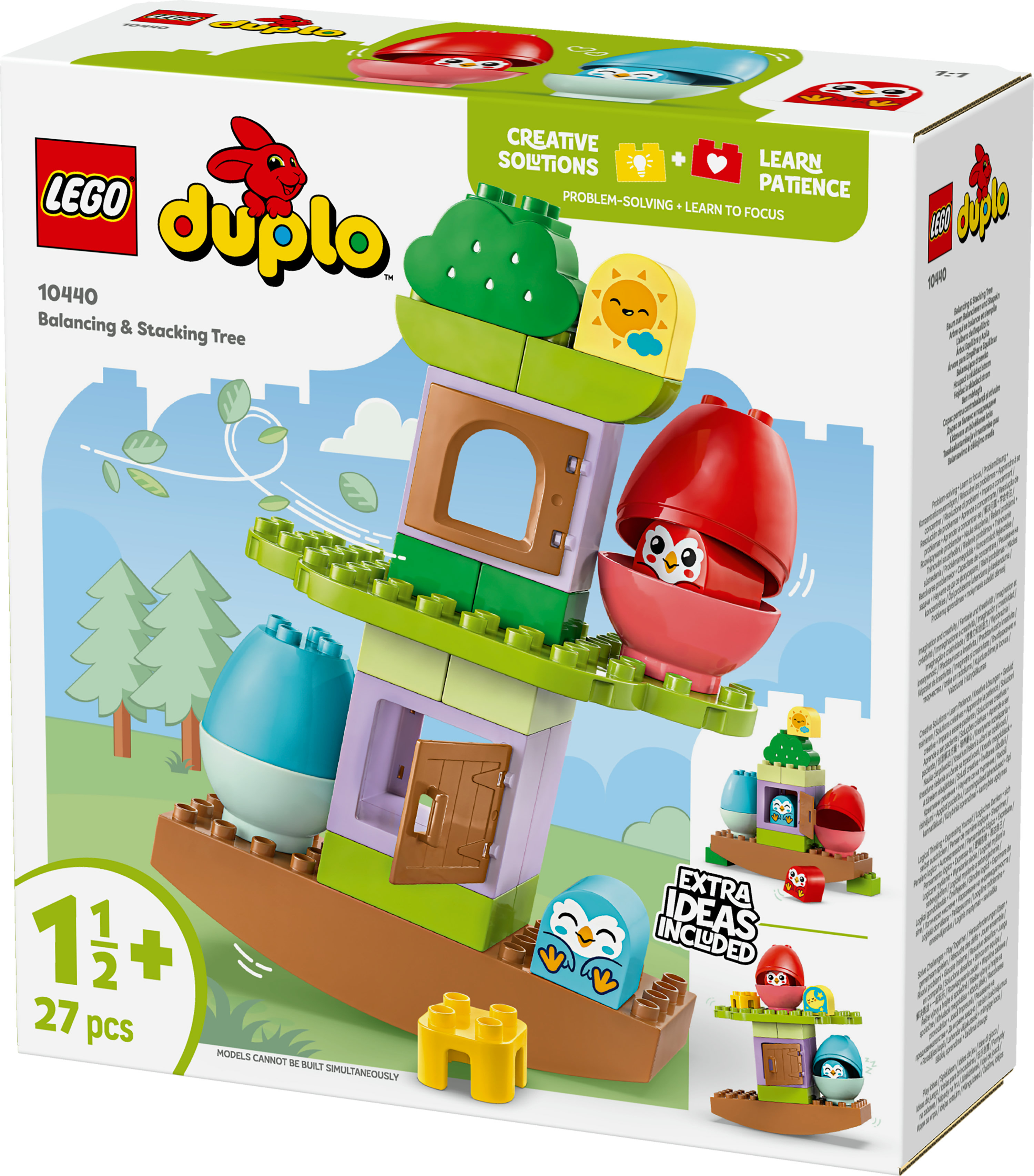 Przód pudełka zestawu Lego Duplo Balancing & Stacking Tree. Zestaw zawiera domek na drzewie z sowami i słońcem.