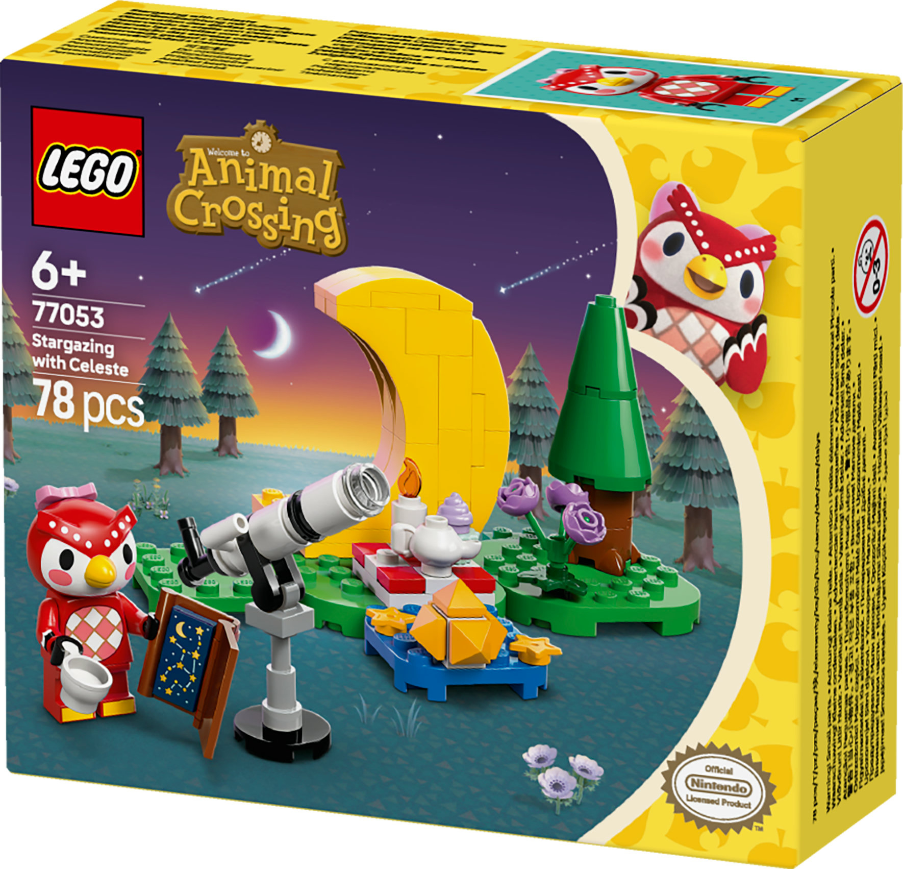 Pudełko zestawu Lego Animal Crossing. Zestaw zawiera Celeste, teleskop, księżyc, gwiazdy i fioletowe kwiaty.