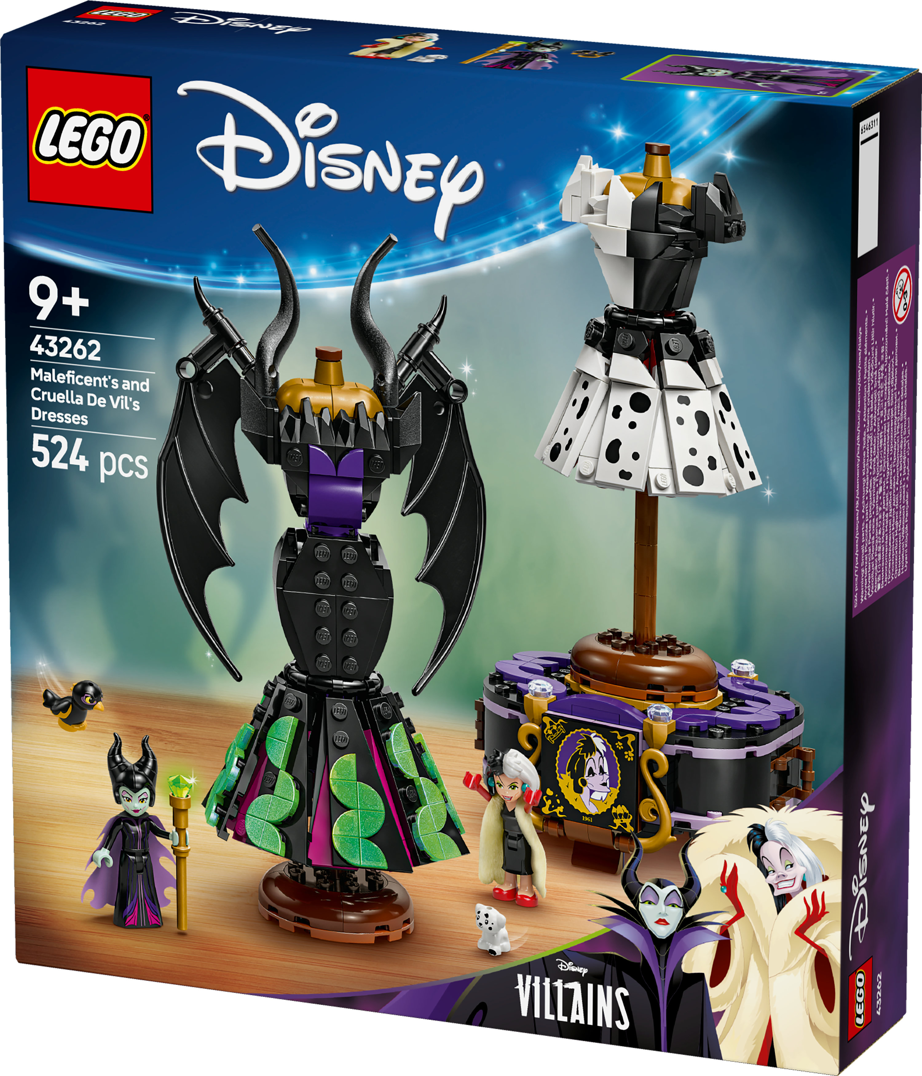 Pudełko zestawu Lego Disney Villains. Zawiera sukienki i minifigurki Maleficent i Cruelli De Vil. Motyw czarno-biały.