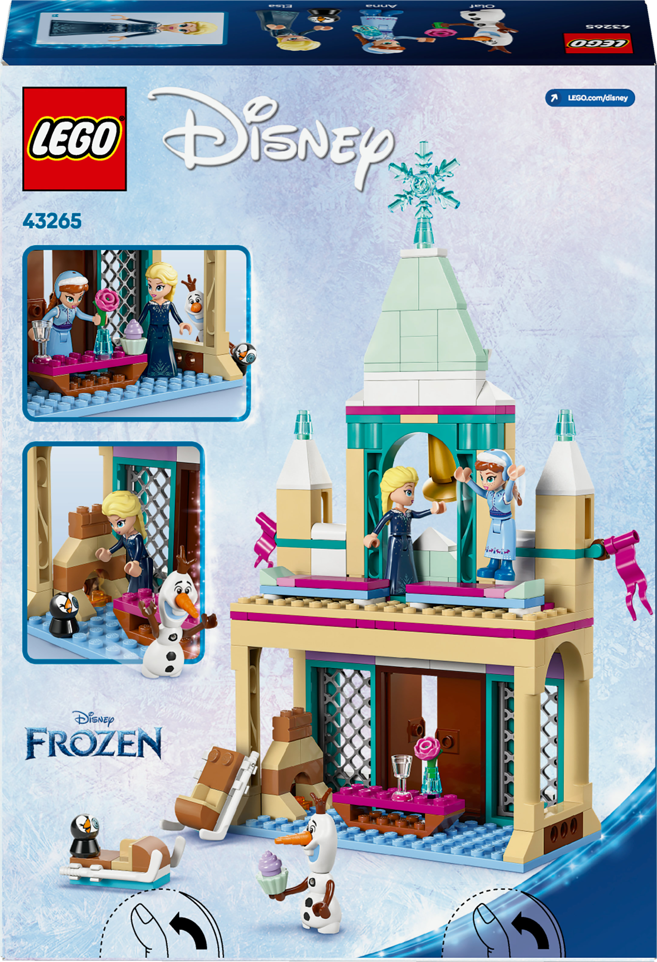 Tył pudełka zestawu Lego Disney Frozen. Pokazano zamek, figurki i akcesoria. Zamek ma motyw niebieskiego lodu.