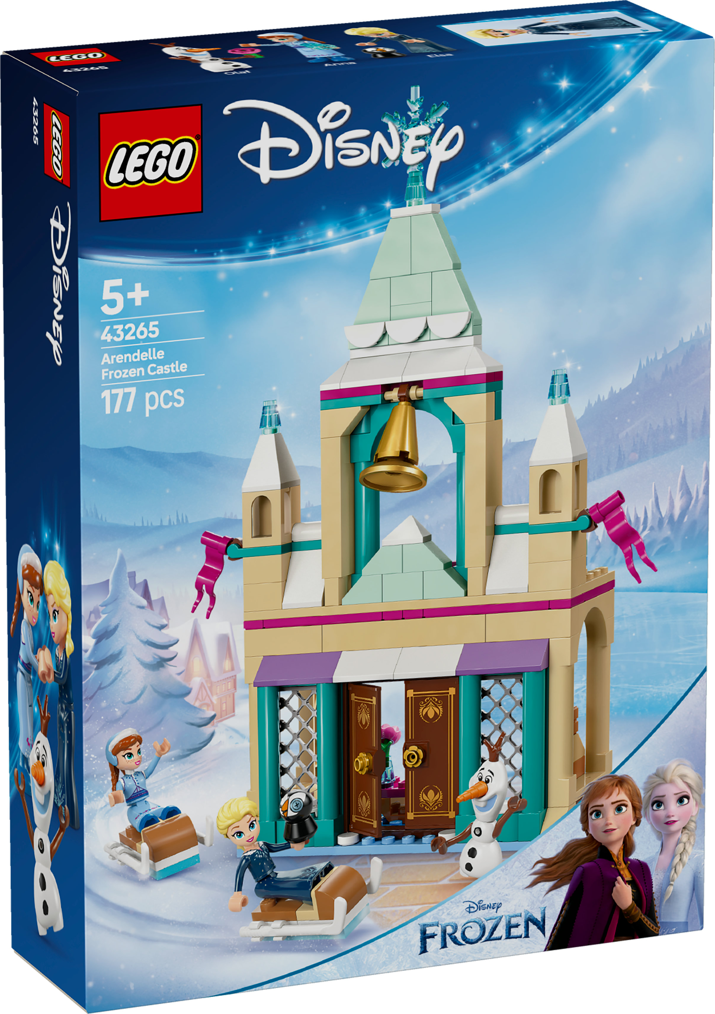 Pudełko zestawu Lego Disney Frozen. Zamek z figurkami i akcesoriami. Pudełko ma motyw zimowy i niebieską kolorystykę.