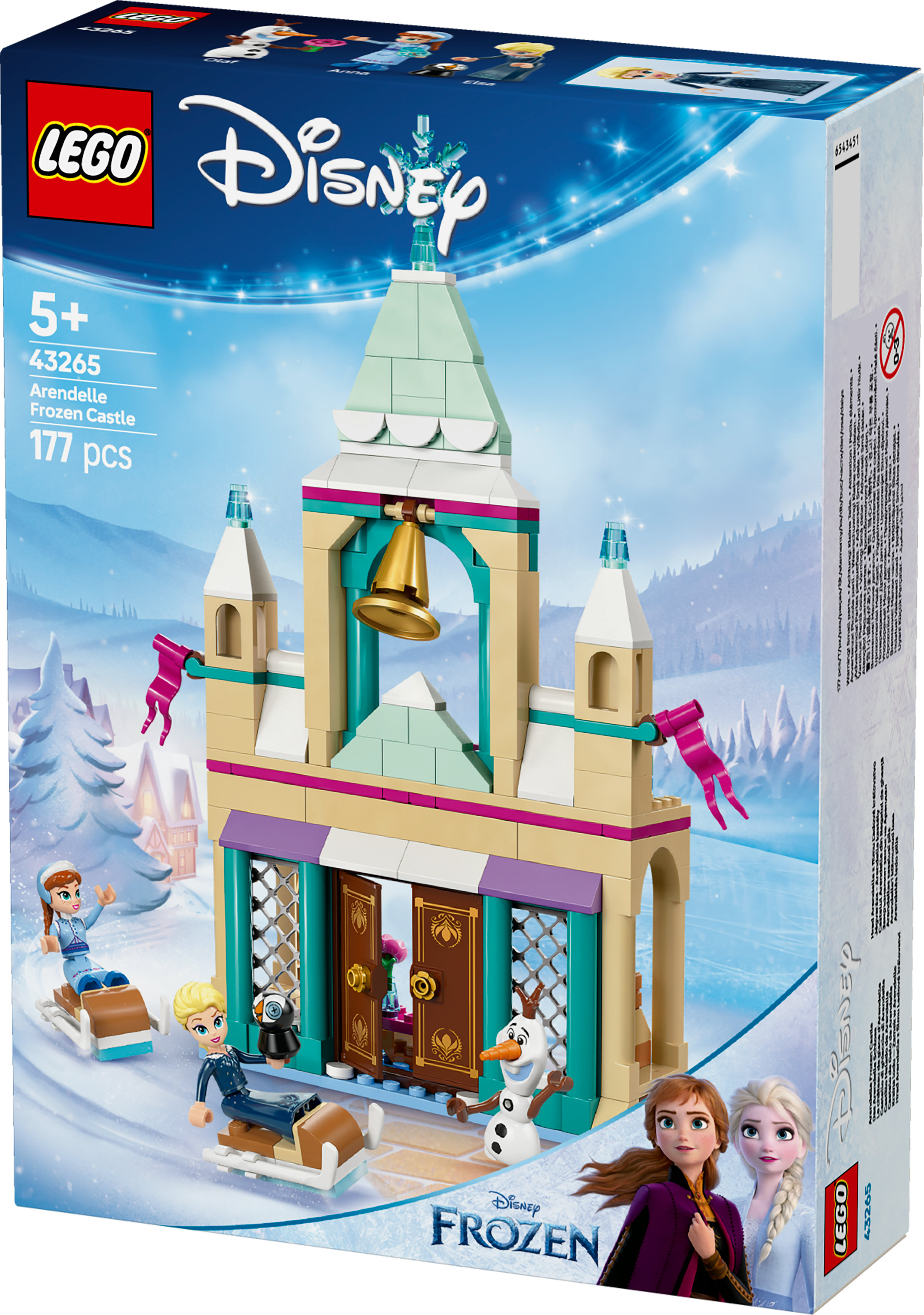 Pudełko zestawu Lego Disney Frozen. Zamek z figurkami i akcesoriami. Pudełko ma motyw zimowy i niebieską kolorystykę.