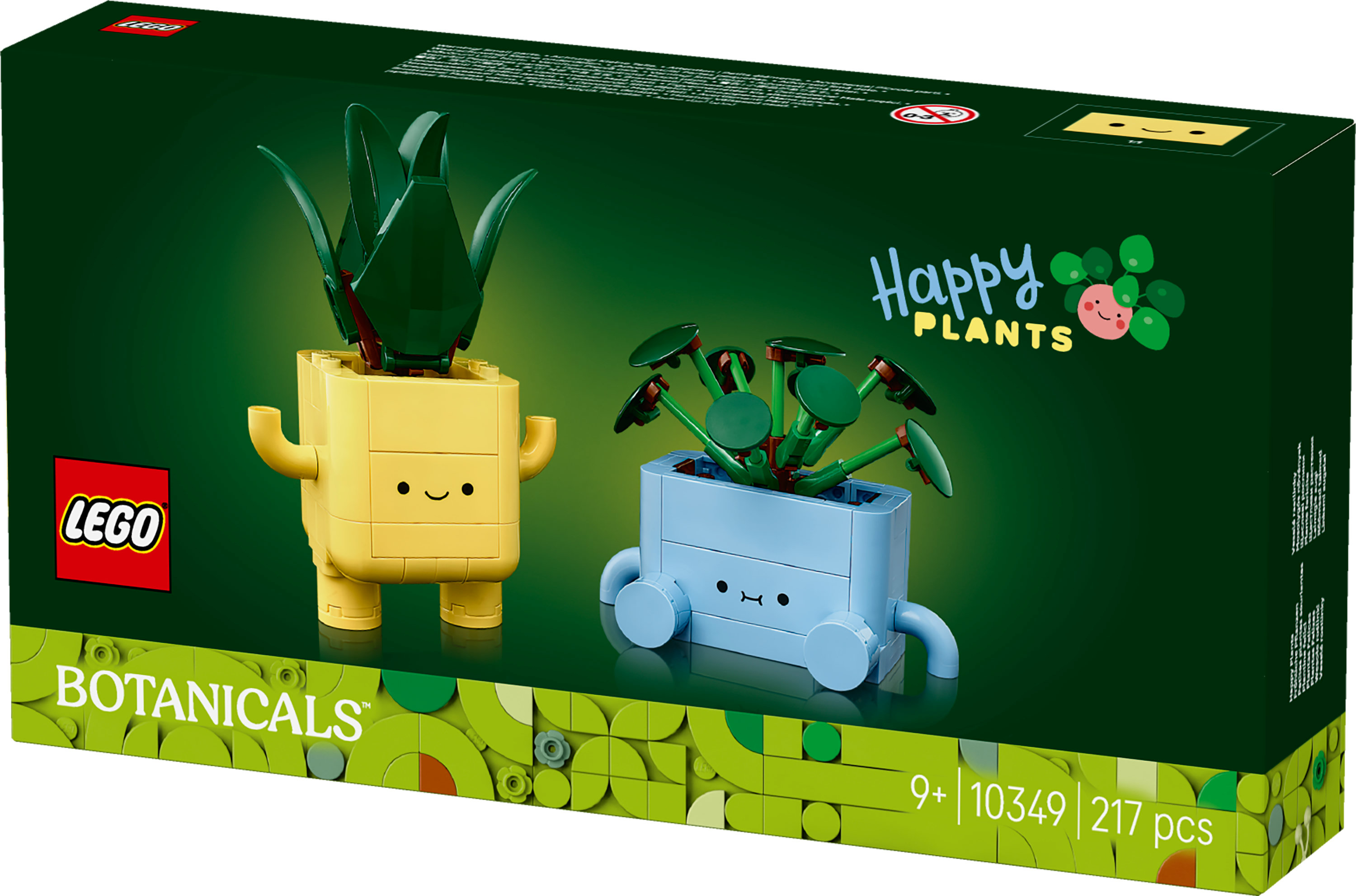 Pudełko przedstawia rośliny Lego: żółta doniczka z ramionami, niebieska doniczka z kołami i zielone rośliny. Napis Happy Plants.
