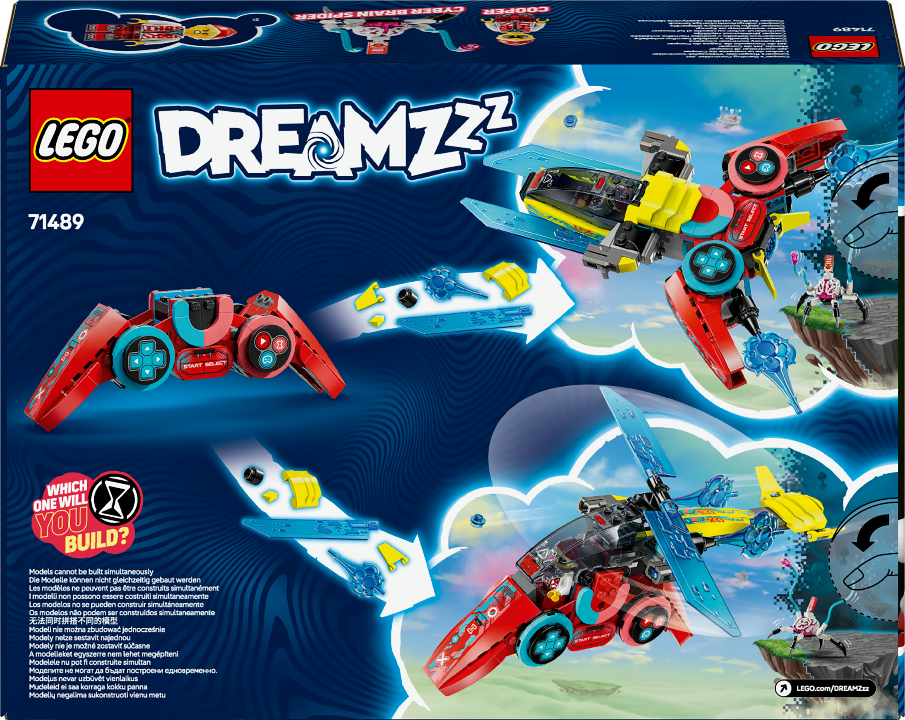 Rückseite der Lego Dreamzzz-Box. Zeigt die Cyber Brain Spider und einen Controller-Jet. Pfeile zeigen Bauoptionen an.