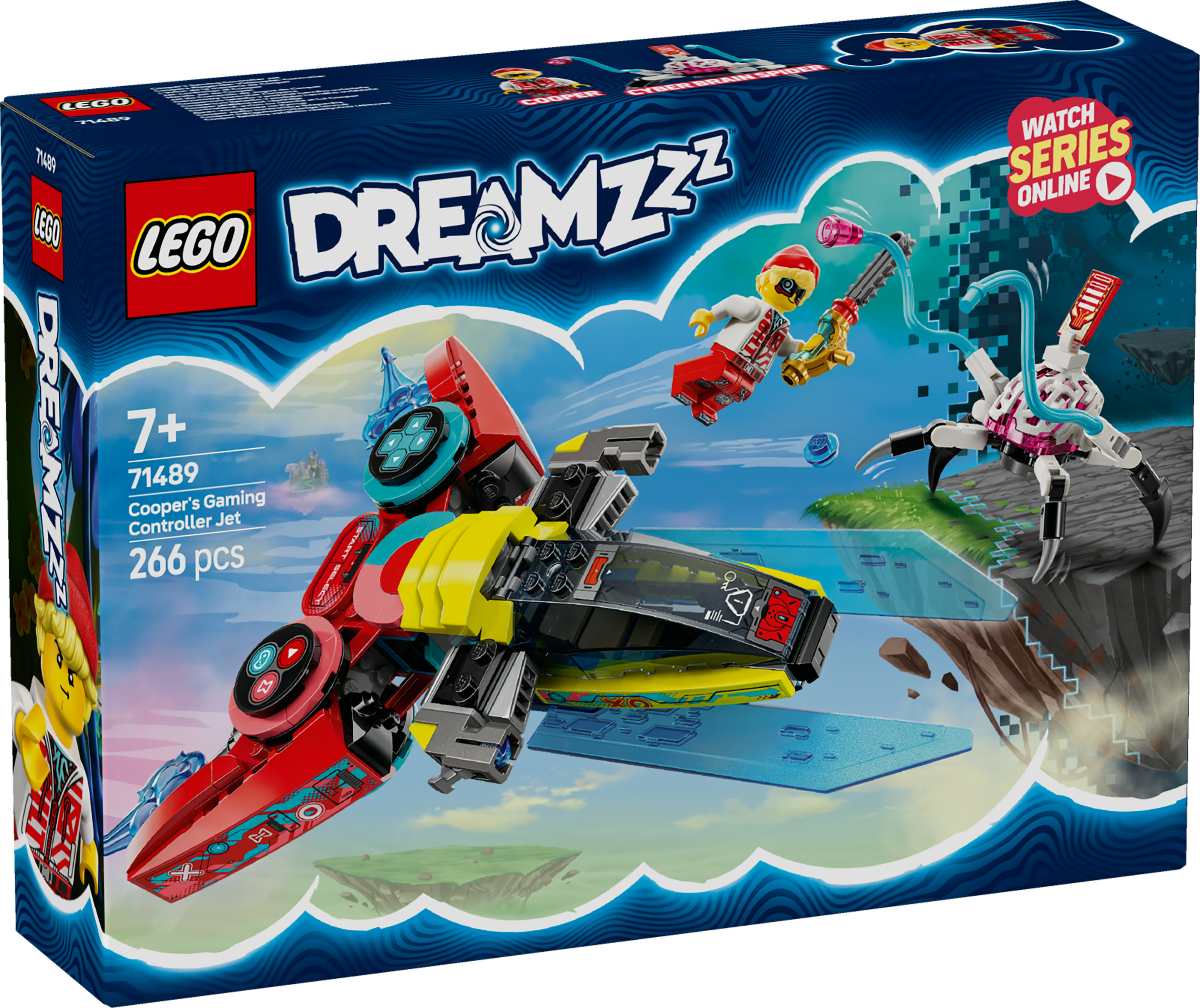 Die Lego Dreamzzz-Box zeigt ein Jet, eine Minifigur und eine Spinne. Das Jet ist rot, gelb und schwarz.