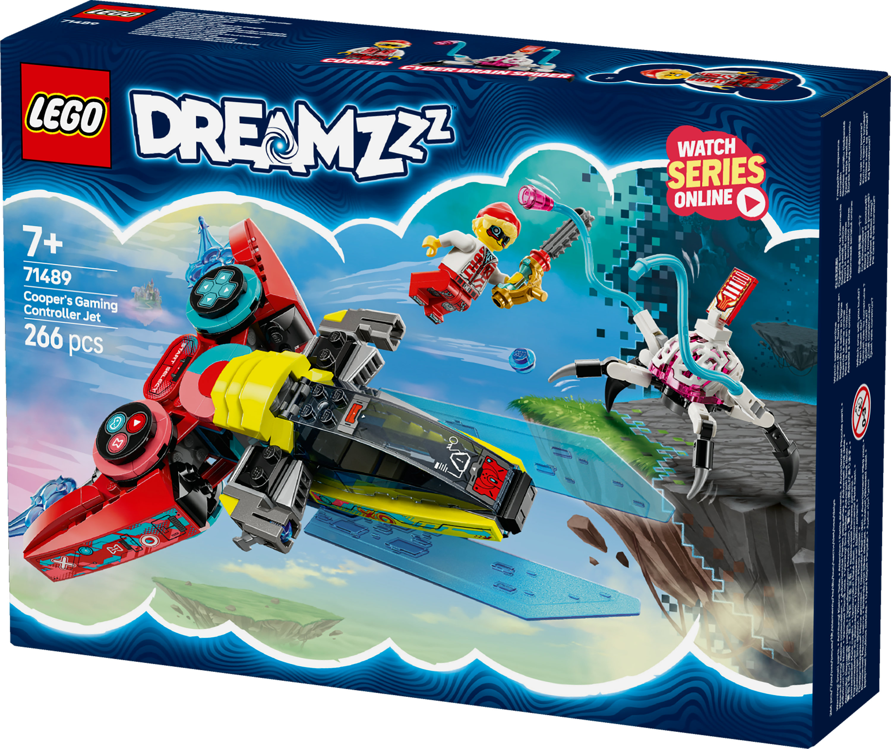 Die Lego Dreamzzz-Box zeigt ein Jet, eine Minifigur und eine Spinne. Das Jet ist rot, gelb und schwarz.