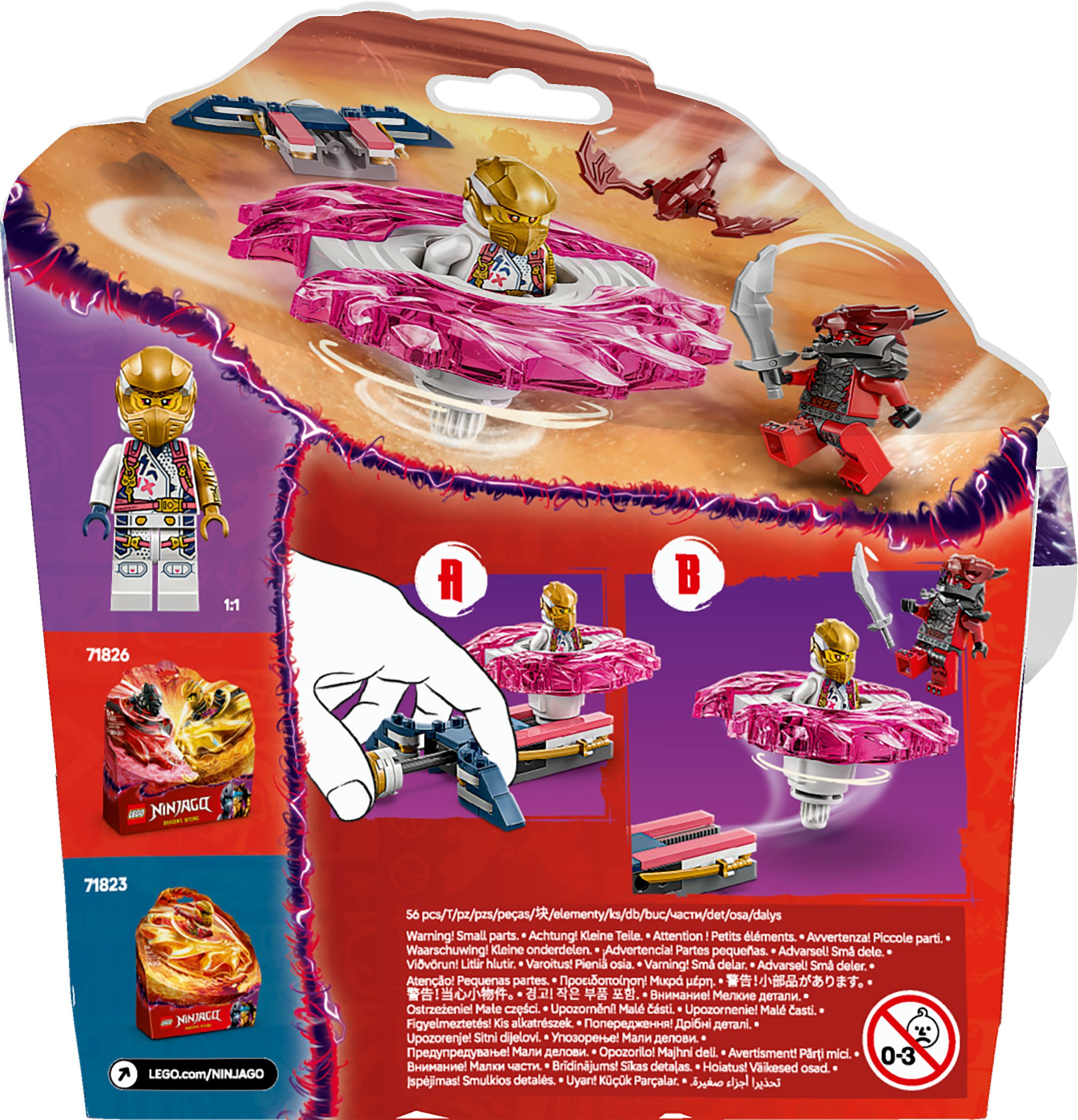 Achterkant van een Lego Ninjago doos. Toont minifiguren en structuren. Instructies en waarschuwingen zijn ook aanwezig.