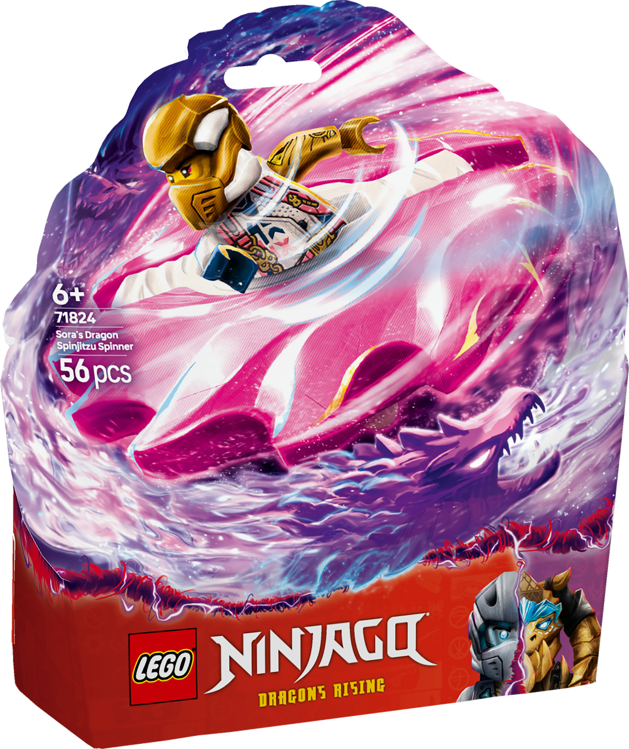 Lego Ninjago doos met een draaiende figuur. De figuur bevindt zich in een roze, wervelende structuur met een draak.