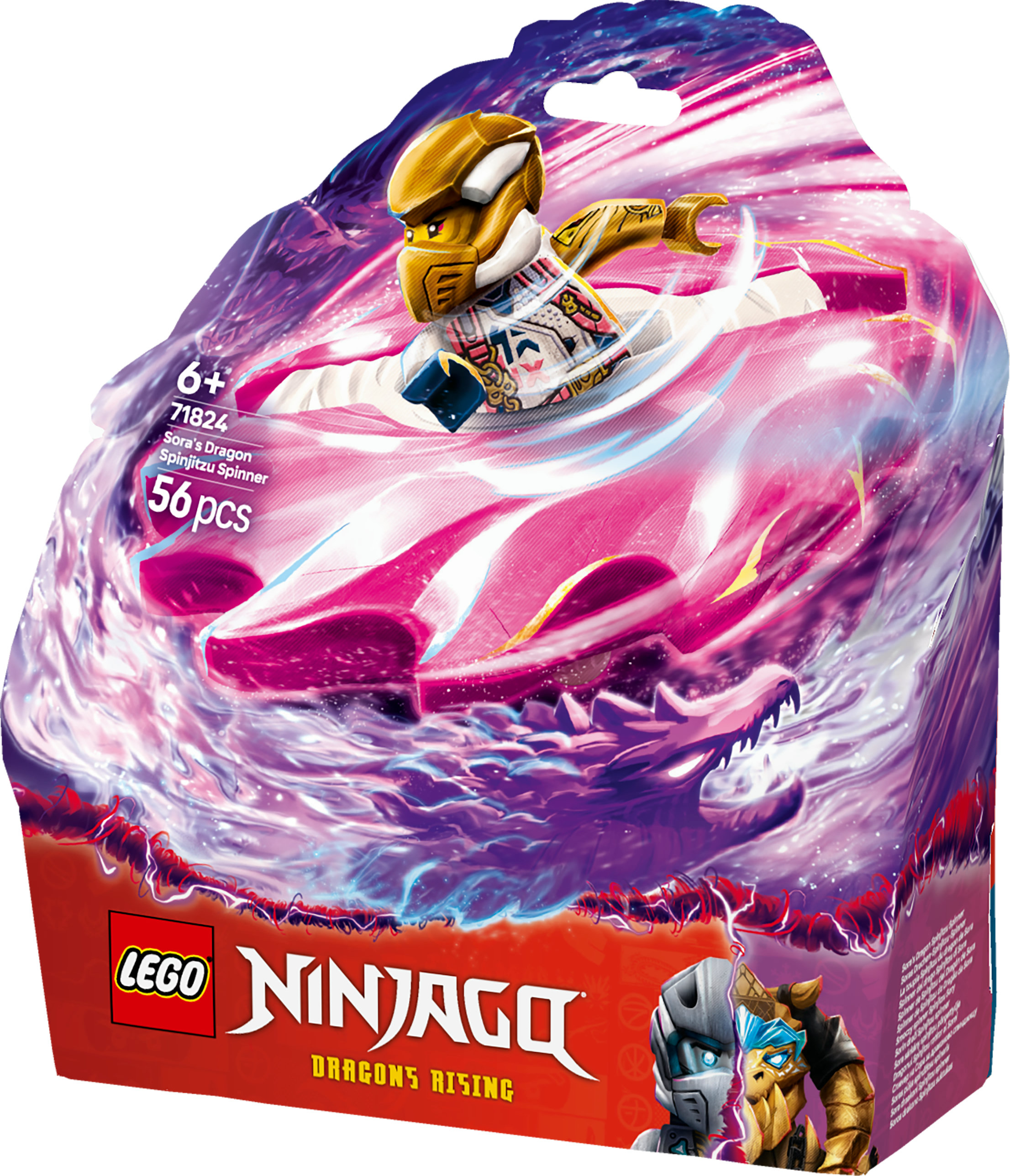 Lego Ninjago doos met een draaiende figuur. De figuur bevindt zich in een roze, wervelende structuur met een draak.