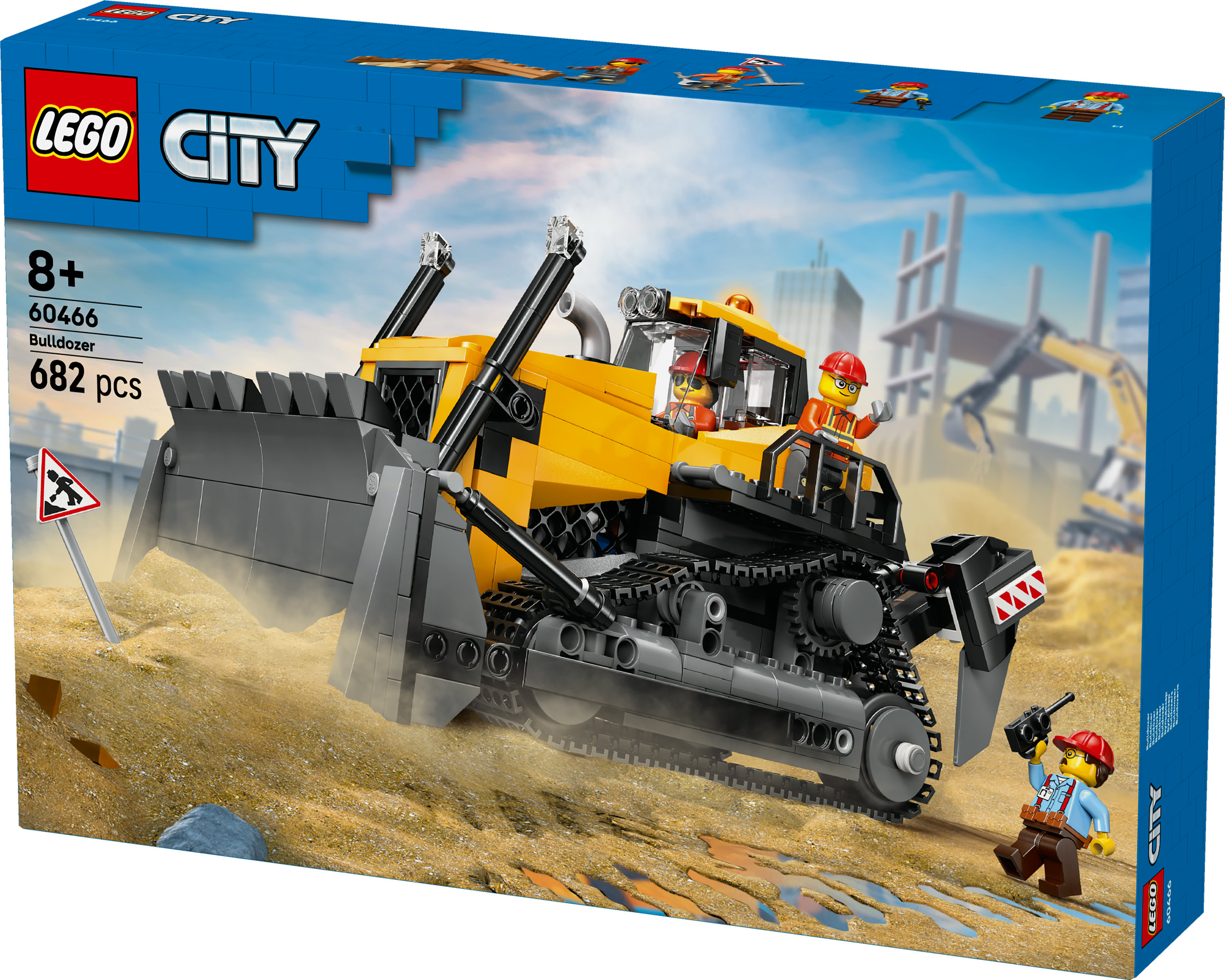 Pudełko Lego City buldożer. Żółty buldożer, robotnicy budowlani i znak z napisem „prace w toku”.
