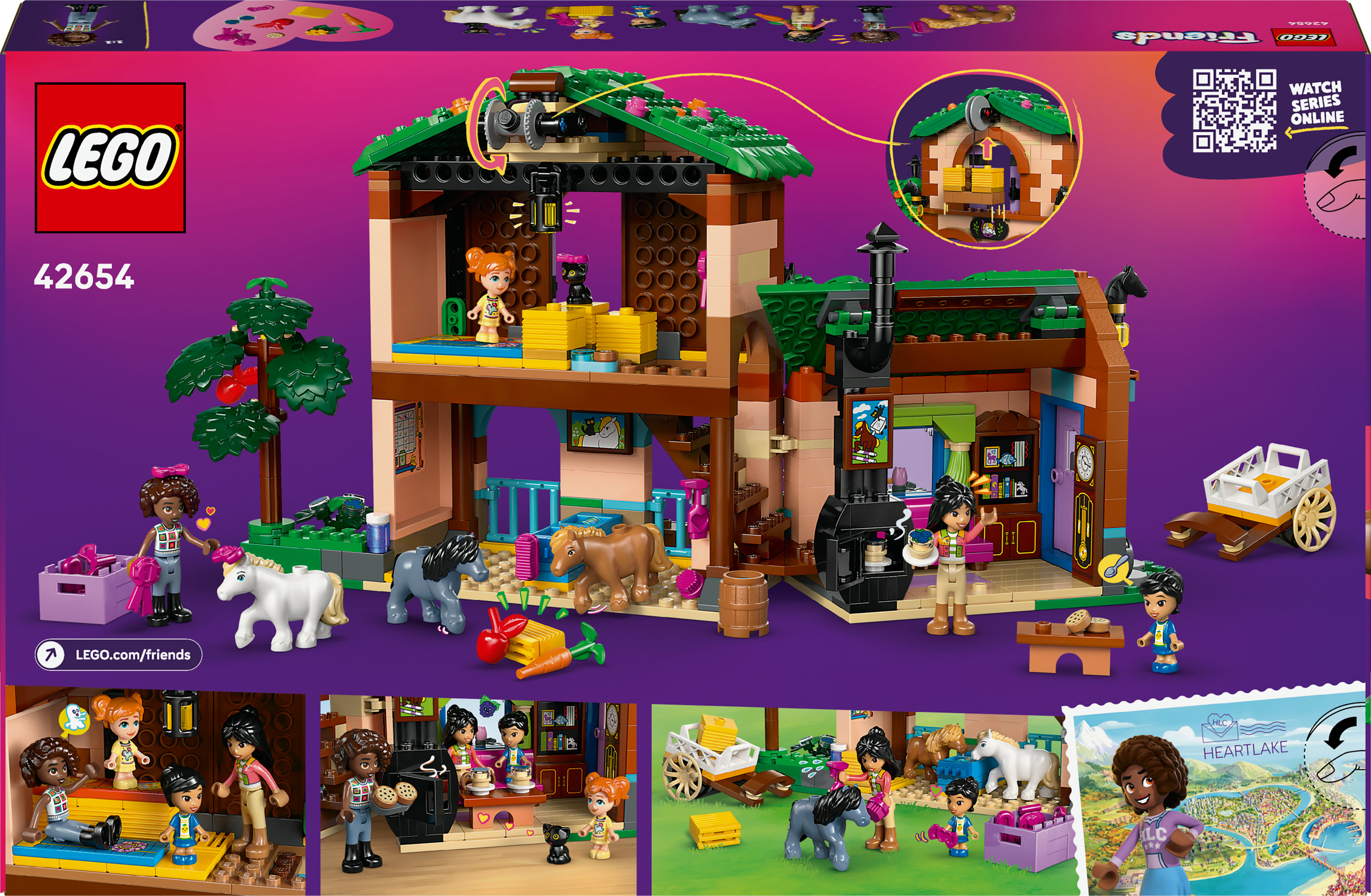 Bir Lego Friends set kutusunun arkası, figürler ve atlarla bir ahır, ayrıca setin detay çekimlerini gösteriyor.