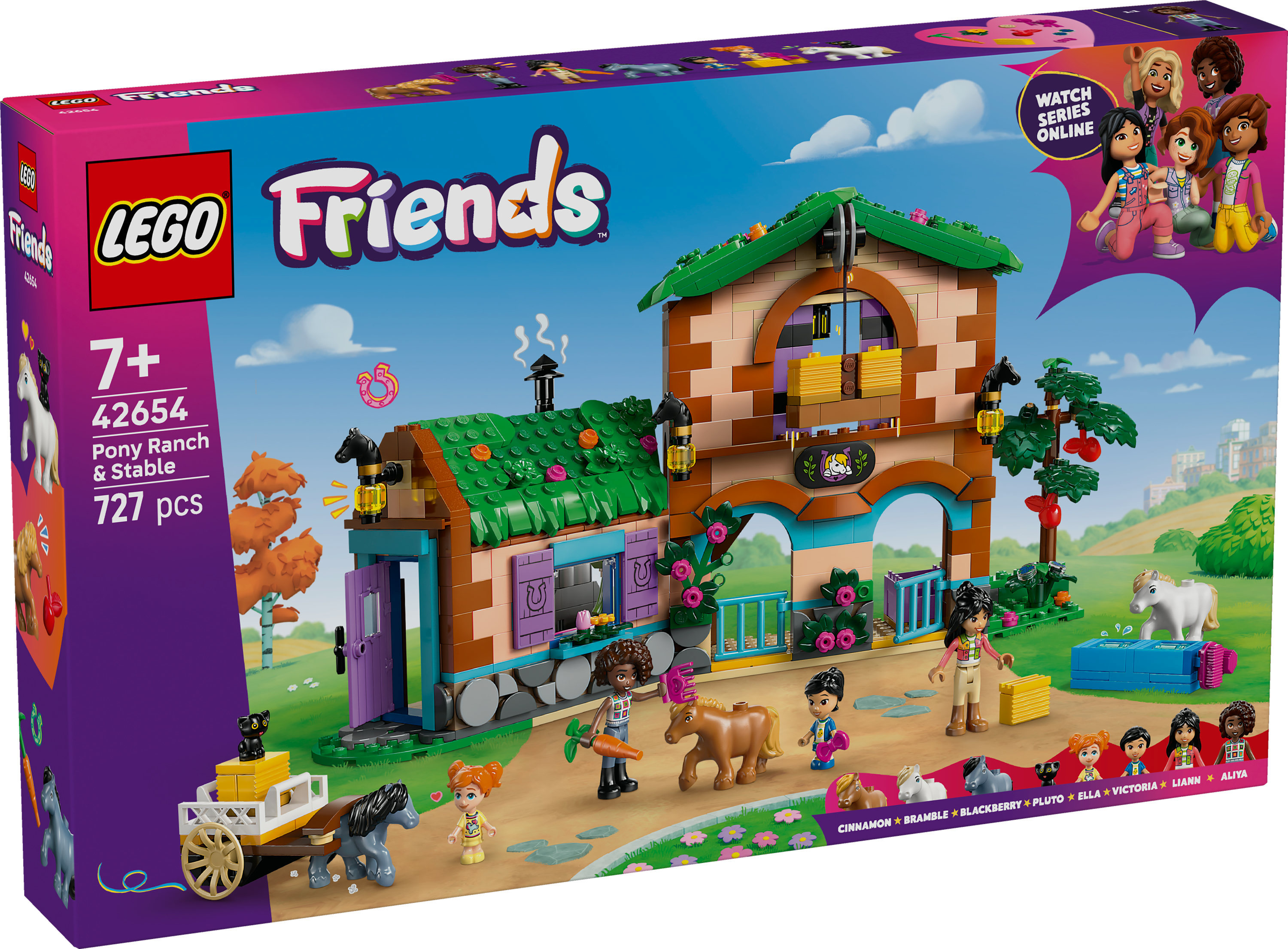 Bir Lego Friends kutusu, figürler ve bir at ile bir midilli çiftliği ve ahırını gösterir. Kutu mor ve mavidir.