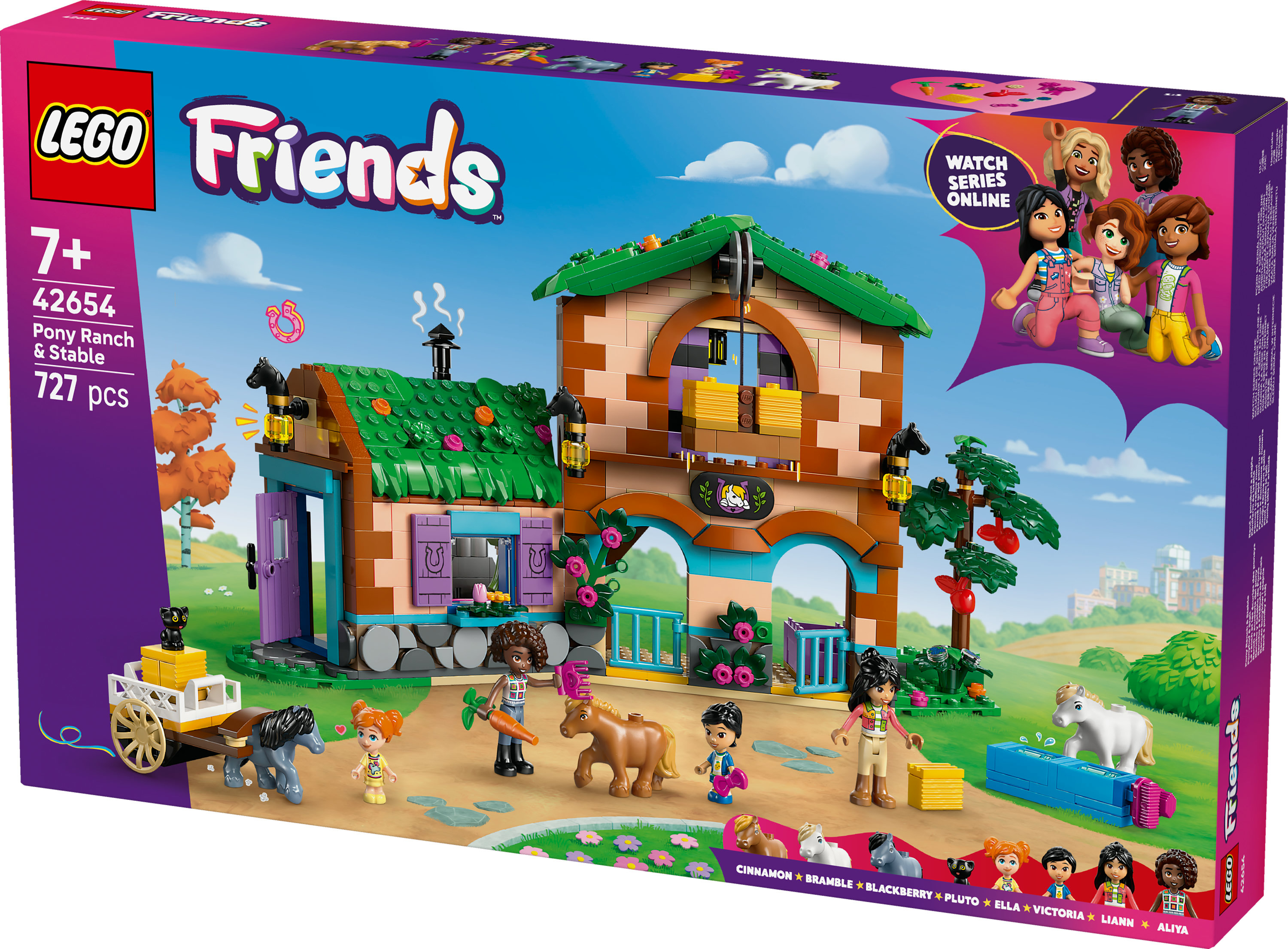 Figürler ve bir at içeren bir midilli çiftliği ve ahır setine sahip bir Lego Friends kutusu. Kutu mor ve mavidir.
