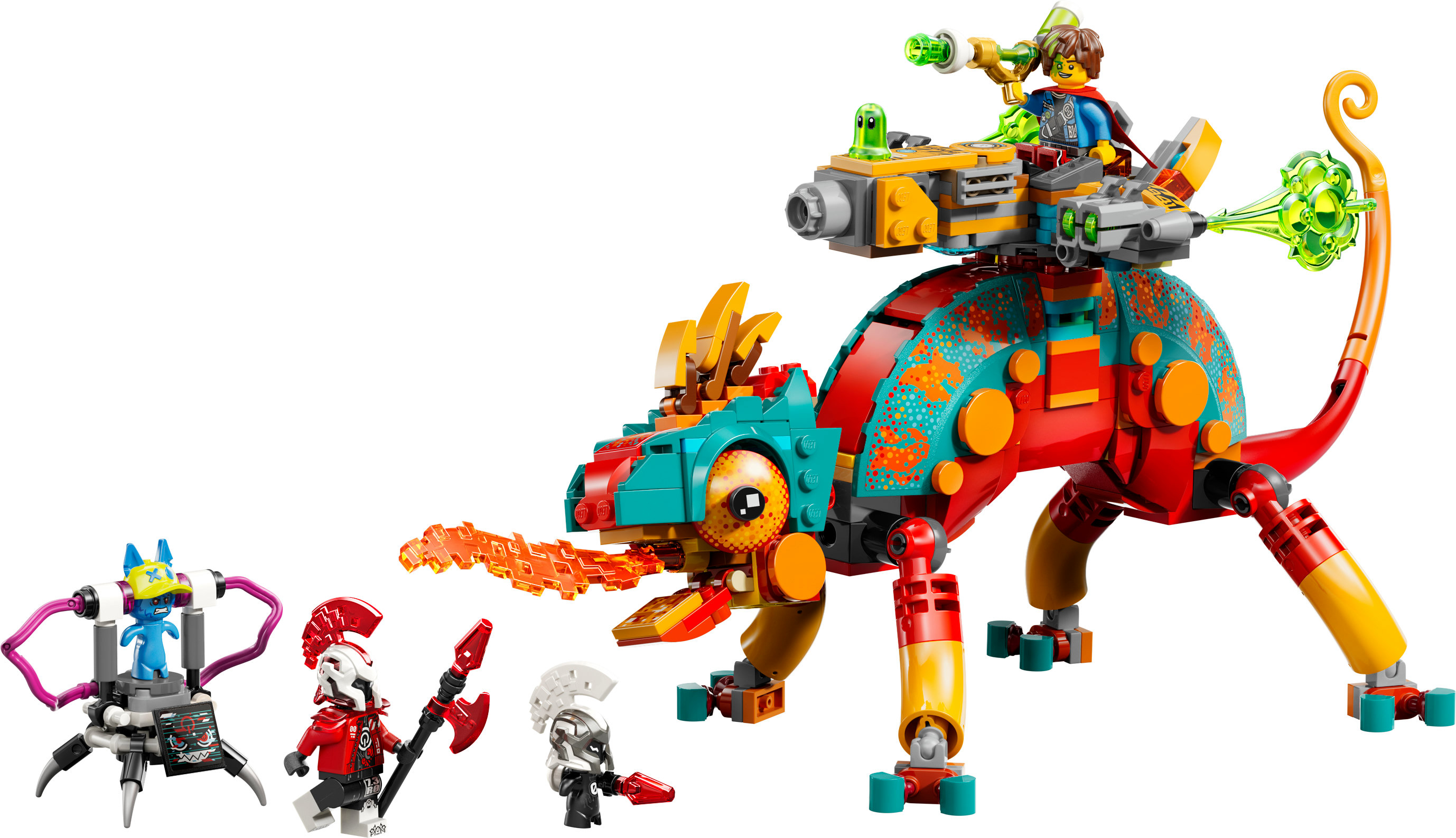 Zestaw Lego z dużą czerwoną i niebiesko-zieloną figurką kameleona, z kilkoma mniejszymi figurkami i robotem.