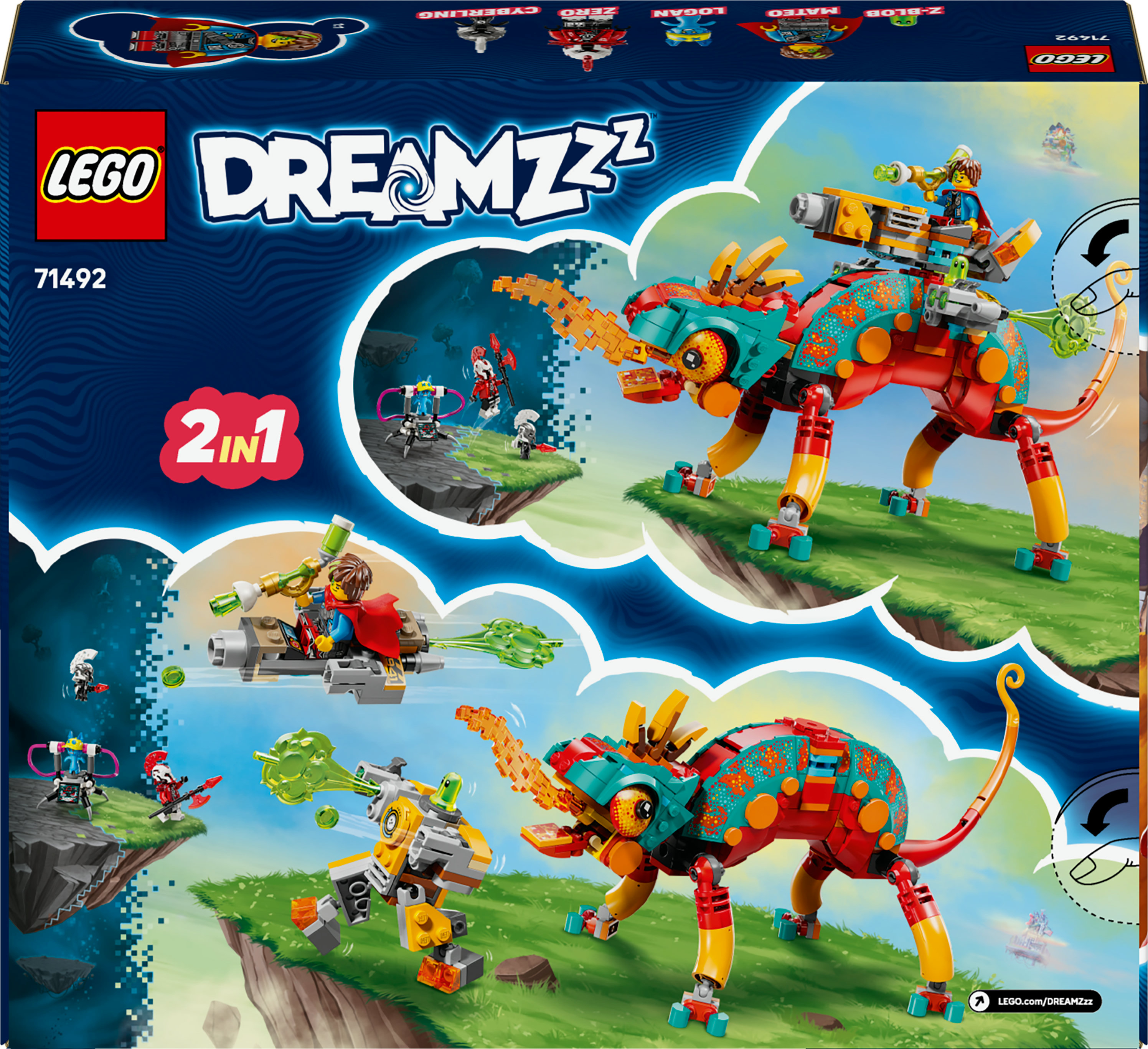 Pudełko zestawu Lego Dreamzzz przedstawia dużego kameleona z figurkami i robotem, na tle snu.