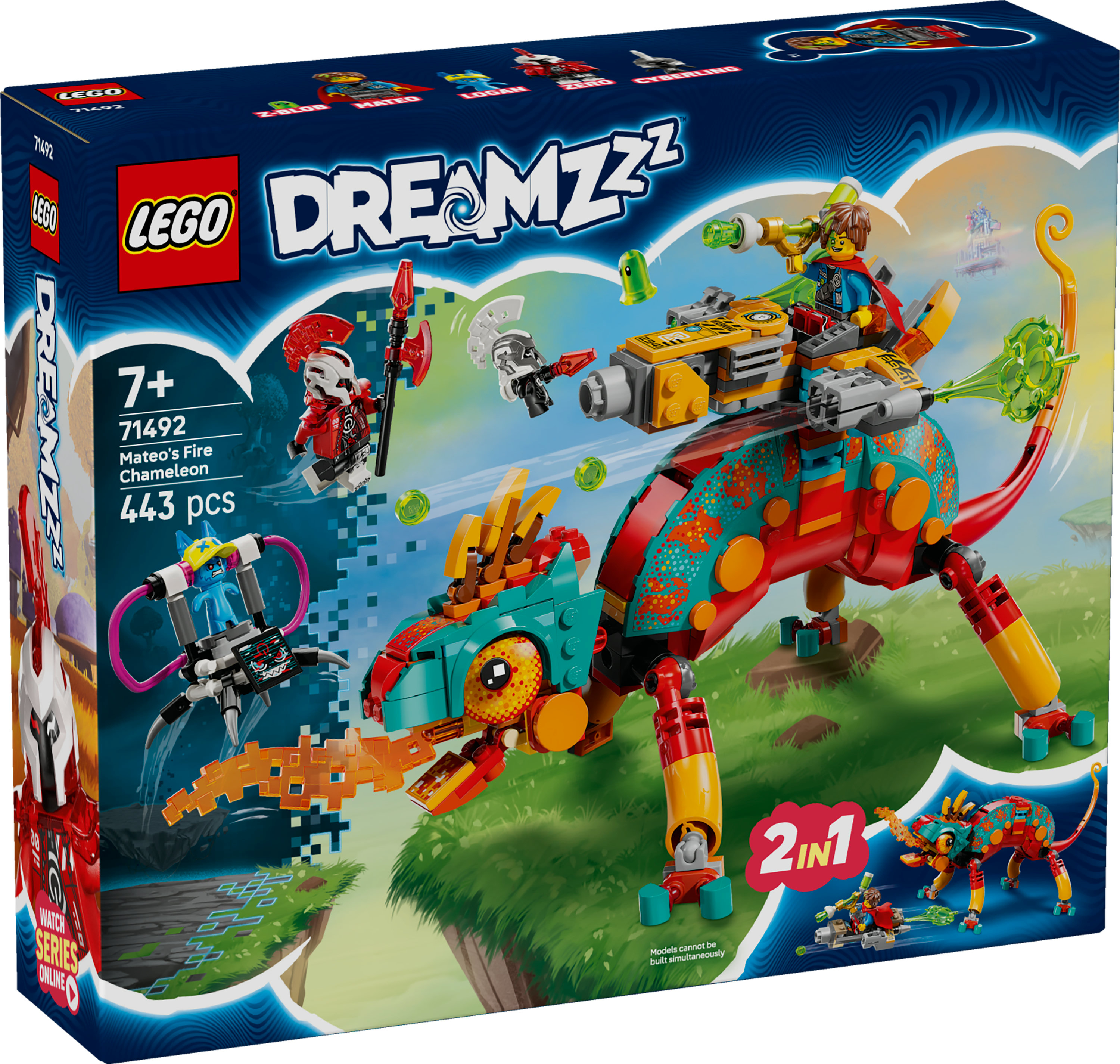 Pudełko zestawu Lego Dreamzzz przedstawia figurkę kameleona z innymi figurkami i robotem, z motywem snu.