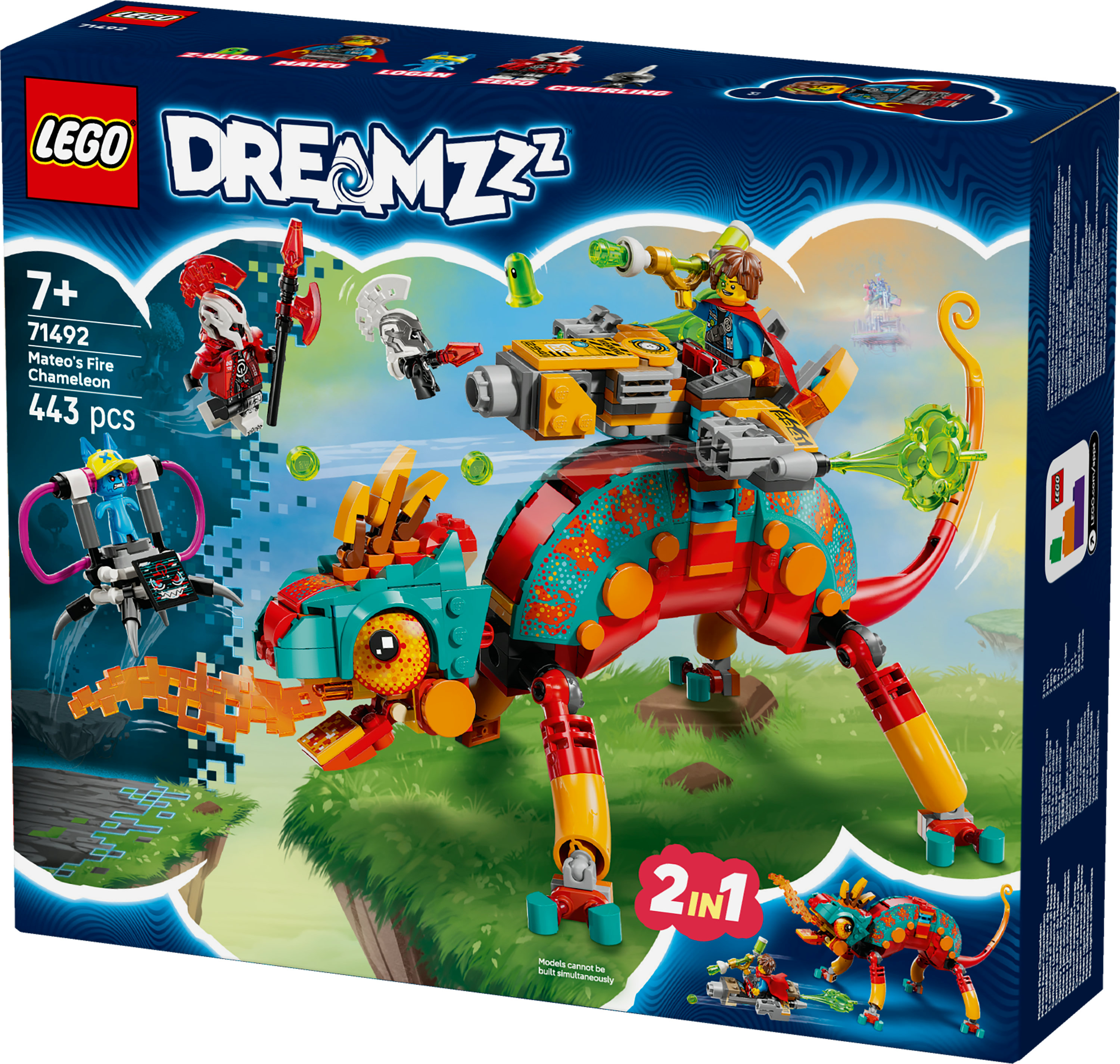 Pudełko Lego Dreamzzz przedstawia figurkę kameleona, inne figurki i robota. Pudełko ma motyw snu.