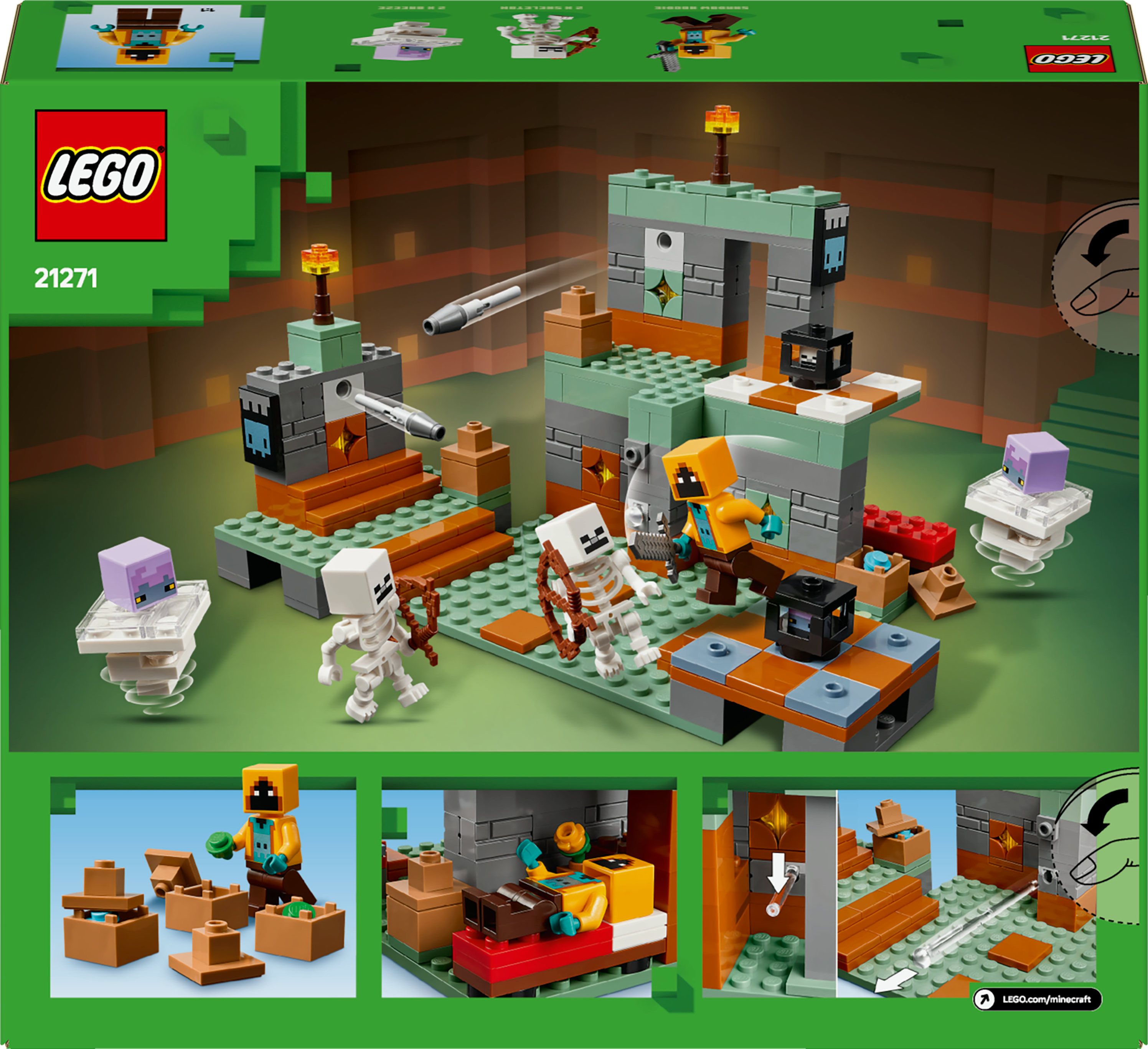 Tył pudełka zestawu Lego Minecraft przedstawia budynek, postacie i scenę z Minecraft.