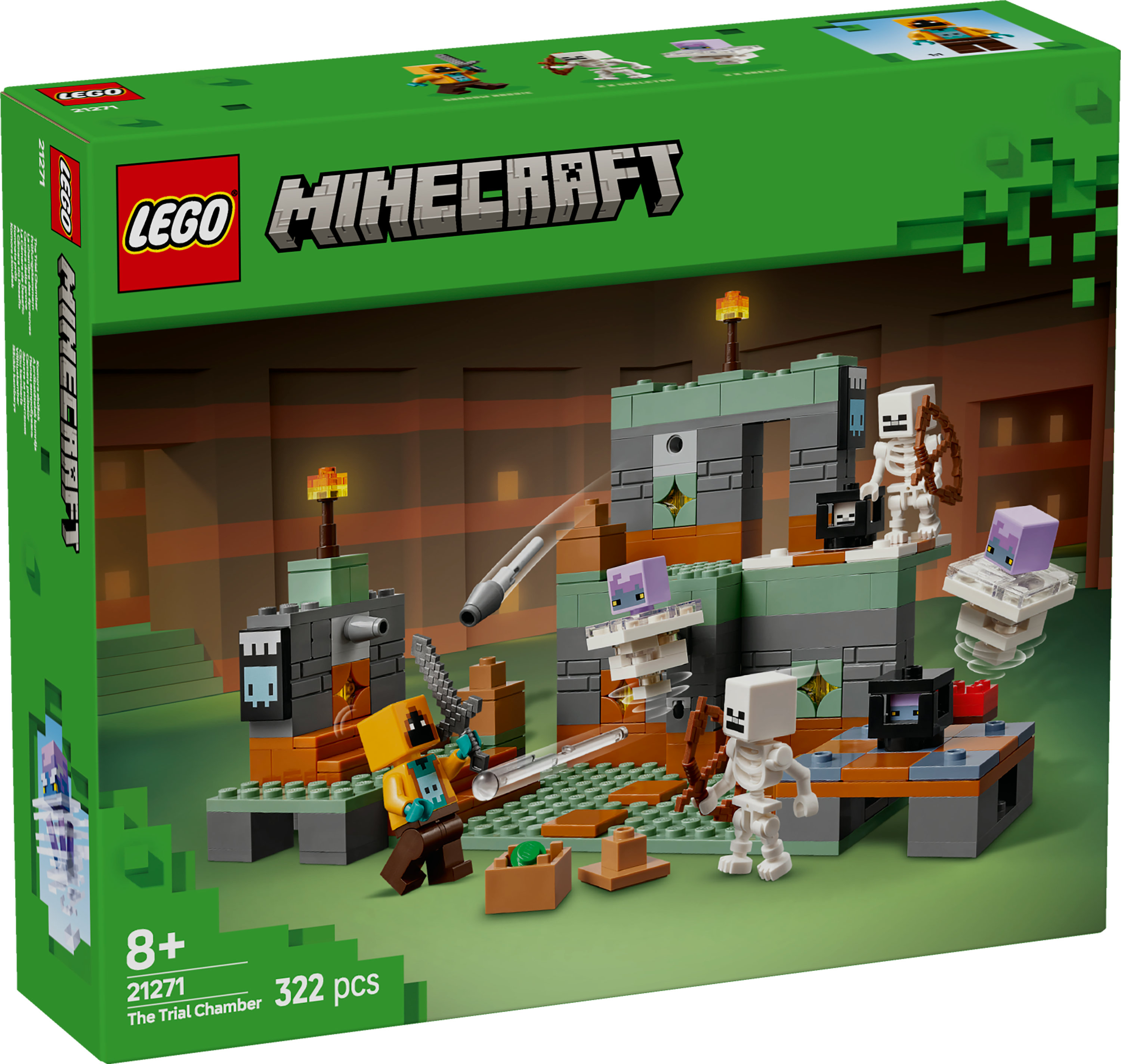 Pudełko zestawu LEGO Minecraft. Pokazuje szkielety, figurki i strukturę. Zielone tło. 322 elementy.