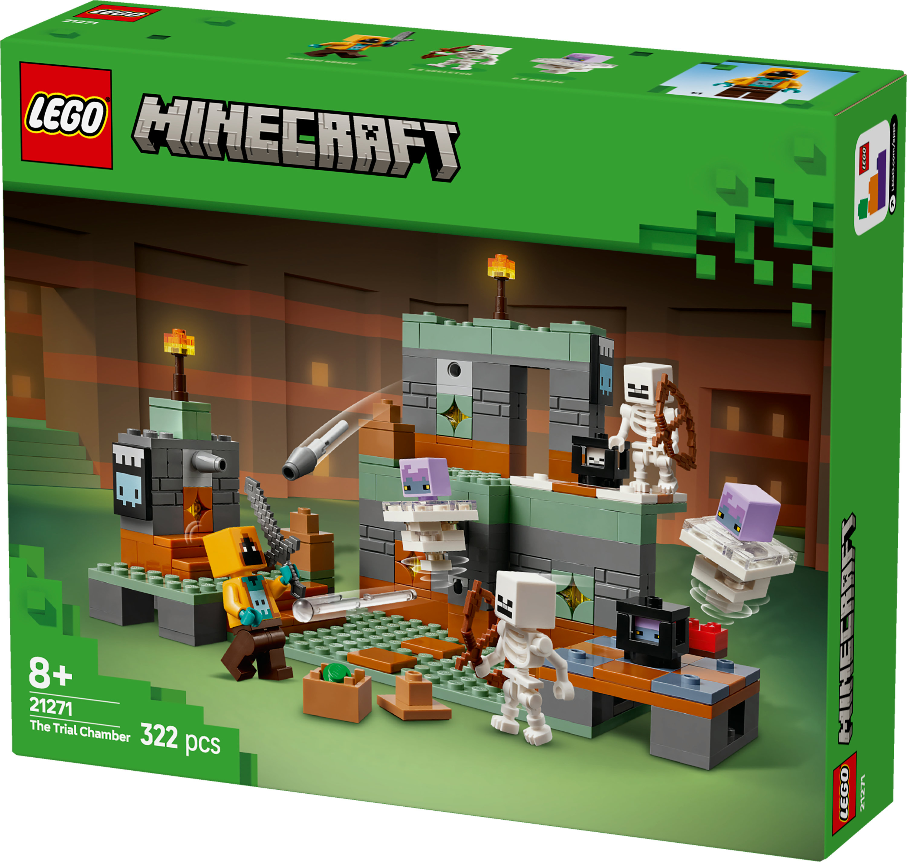 Pudełko zestawu LEGO Minecraft. Pokazuje szkielety, figurki i strukturę. Zielone tło. 322 elementy.