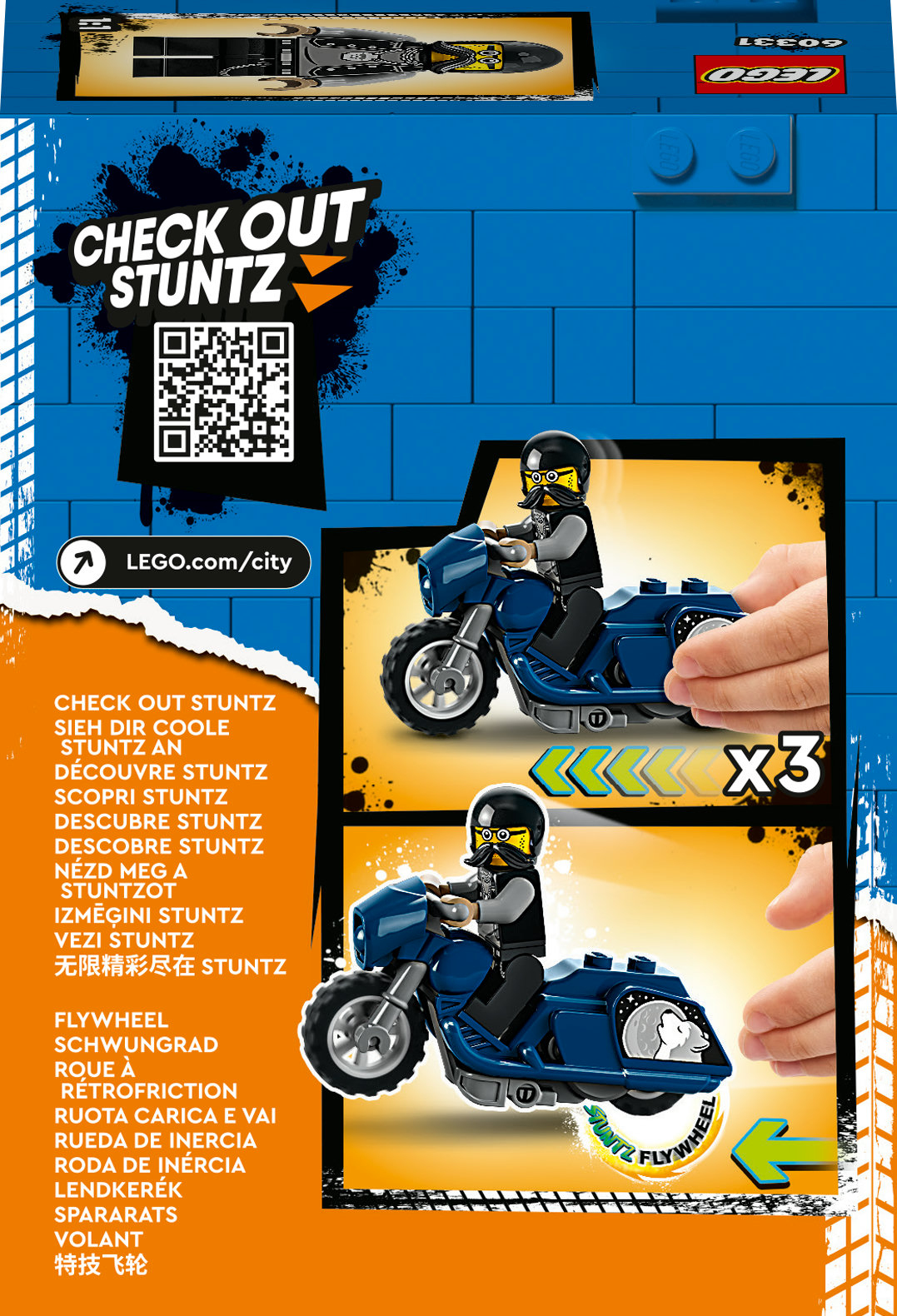 Eine Lego Stuntz-Box zeigt ein Motorrad und einen Fahrer mit Anweisungen und einem QR-Code.