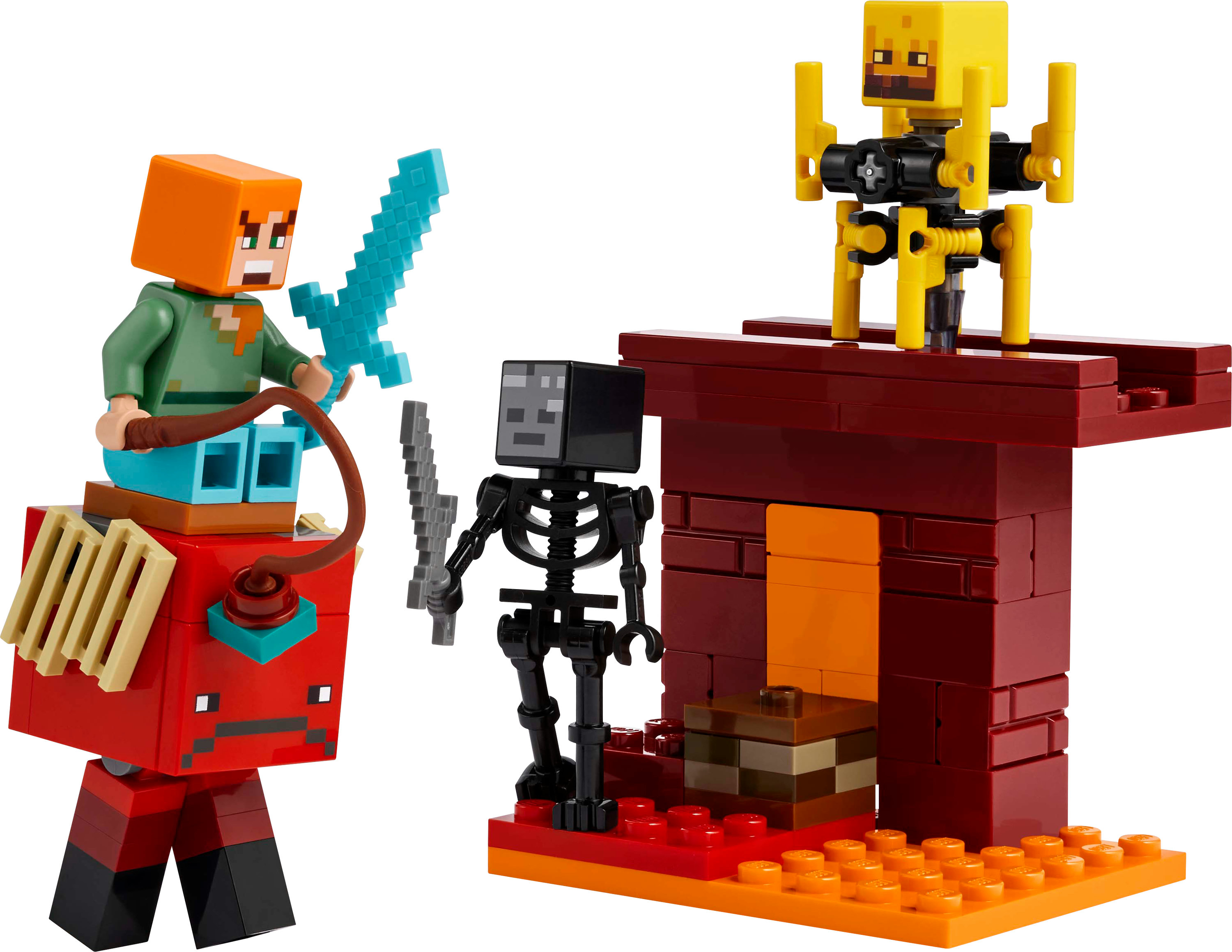 Zestaw LEGO Minecraft z figurkami Alexa, ghasta i szkieletu. Czerwona i pomarańczowa konstrukcja.