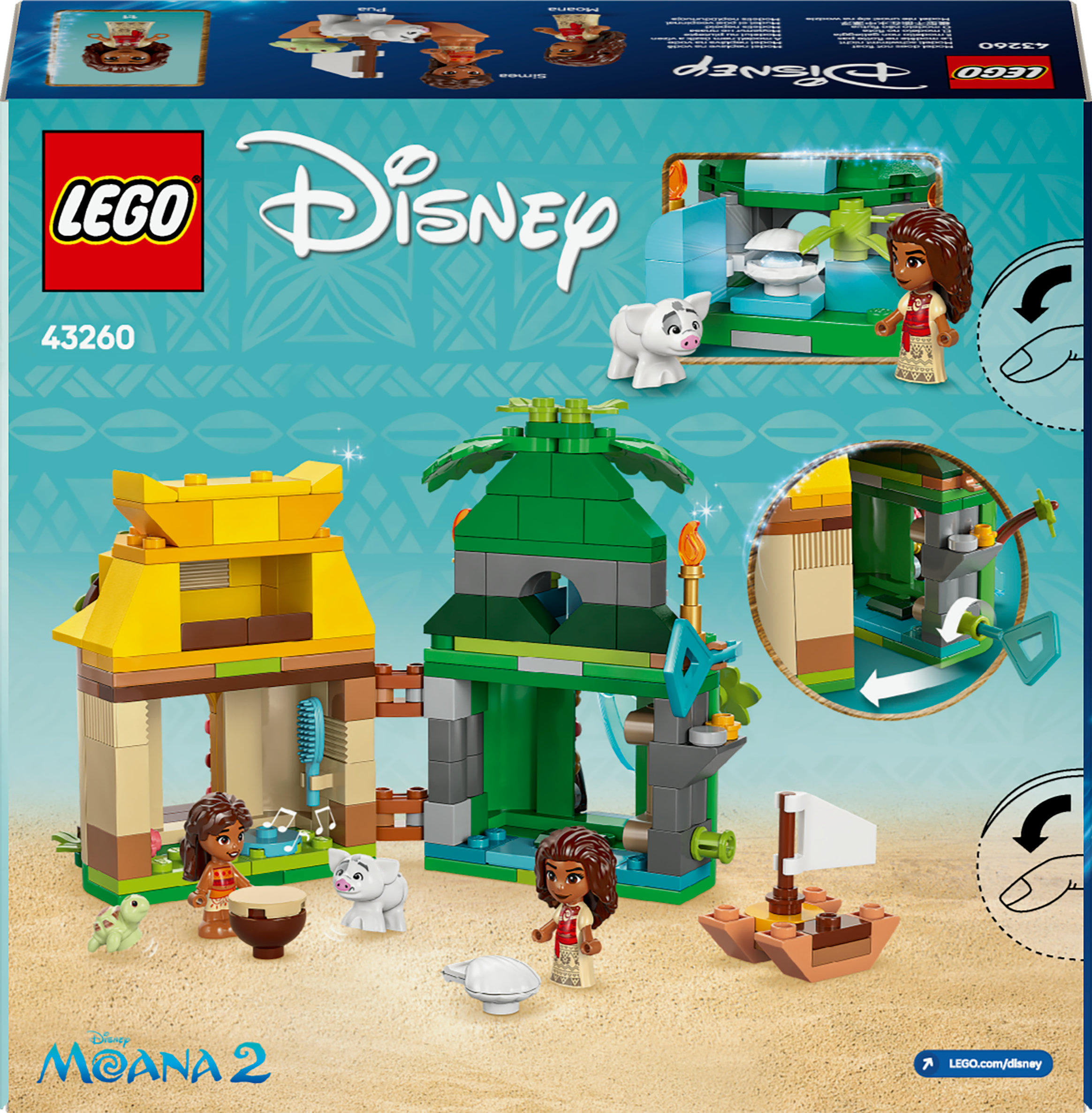Tył pudełka LEGO Disney Moana z figurkami i strukturami. Przeważają kolory zielony i żółty.
