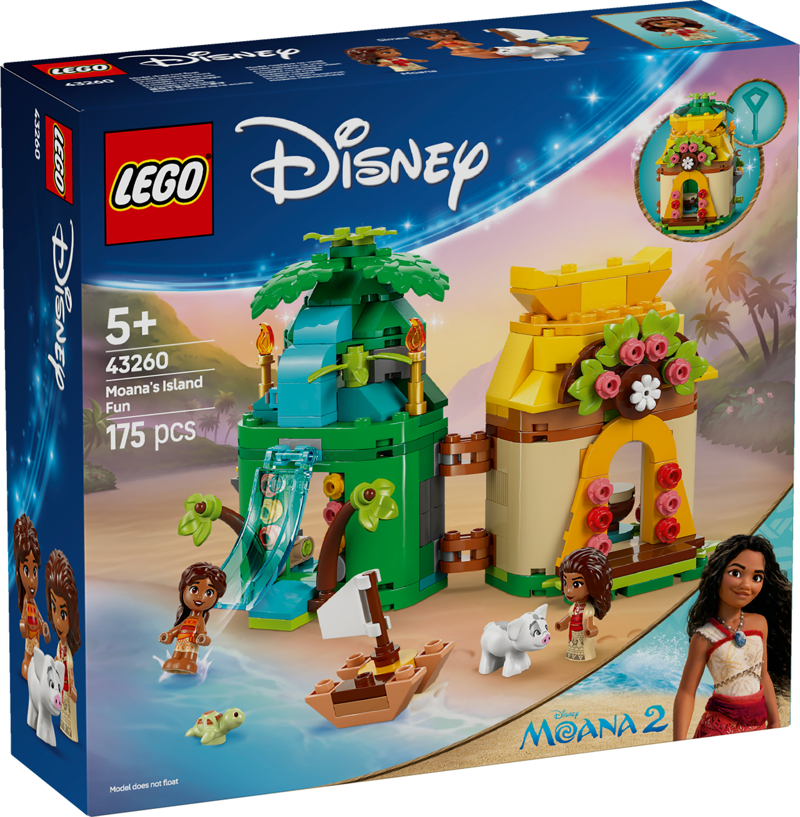 Przód pudełka LEGO Disney Moana z figurkami i strukturami. Przeważają kolory zielony i żółty.