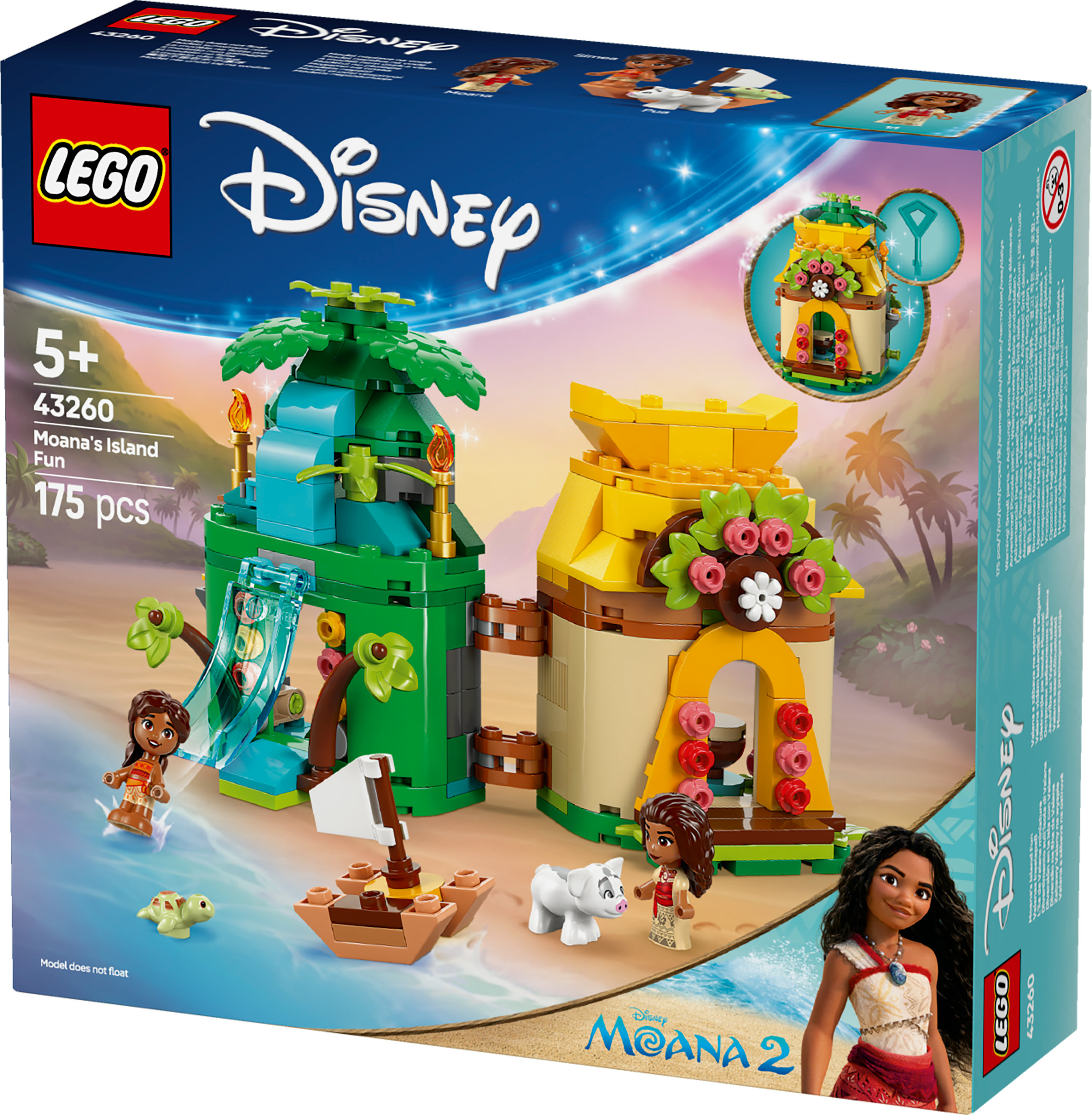 Zestaw LEGO Moana przedstawia wyspiarskie chaty, figurki, łódź i żółwia. Kolorowa grafika pudełka z logo Disney i LEGO.