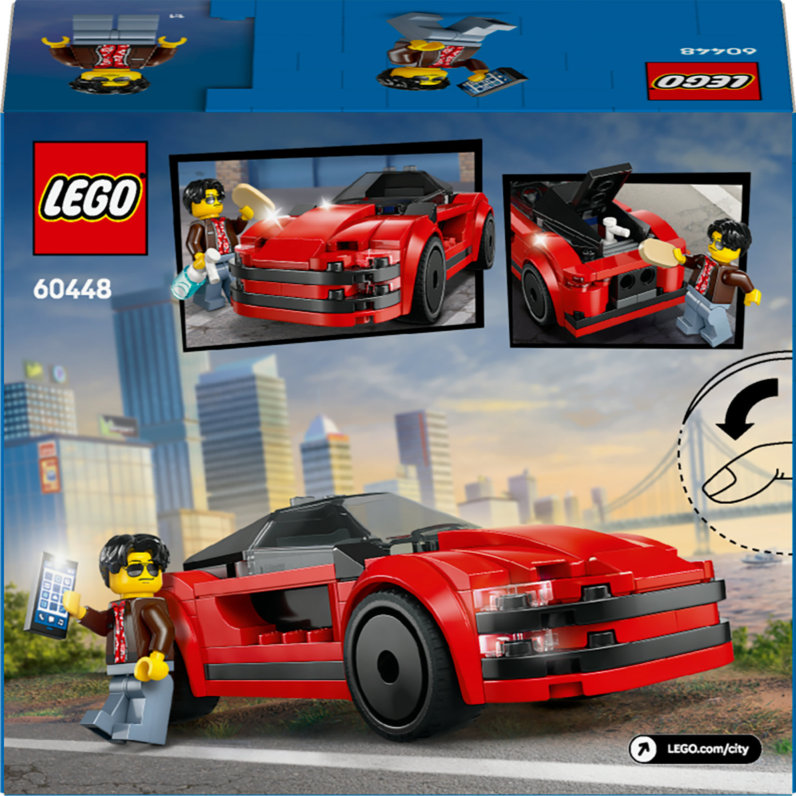 Kırmızı bir LEGO spor araba seti kutusu, arabayı, minifigürleri ve şehir arkaplanını gösteriyor. Kutuda LEGO logoları var.