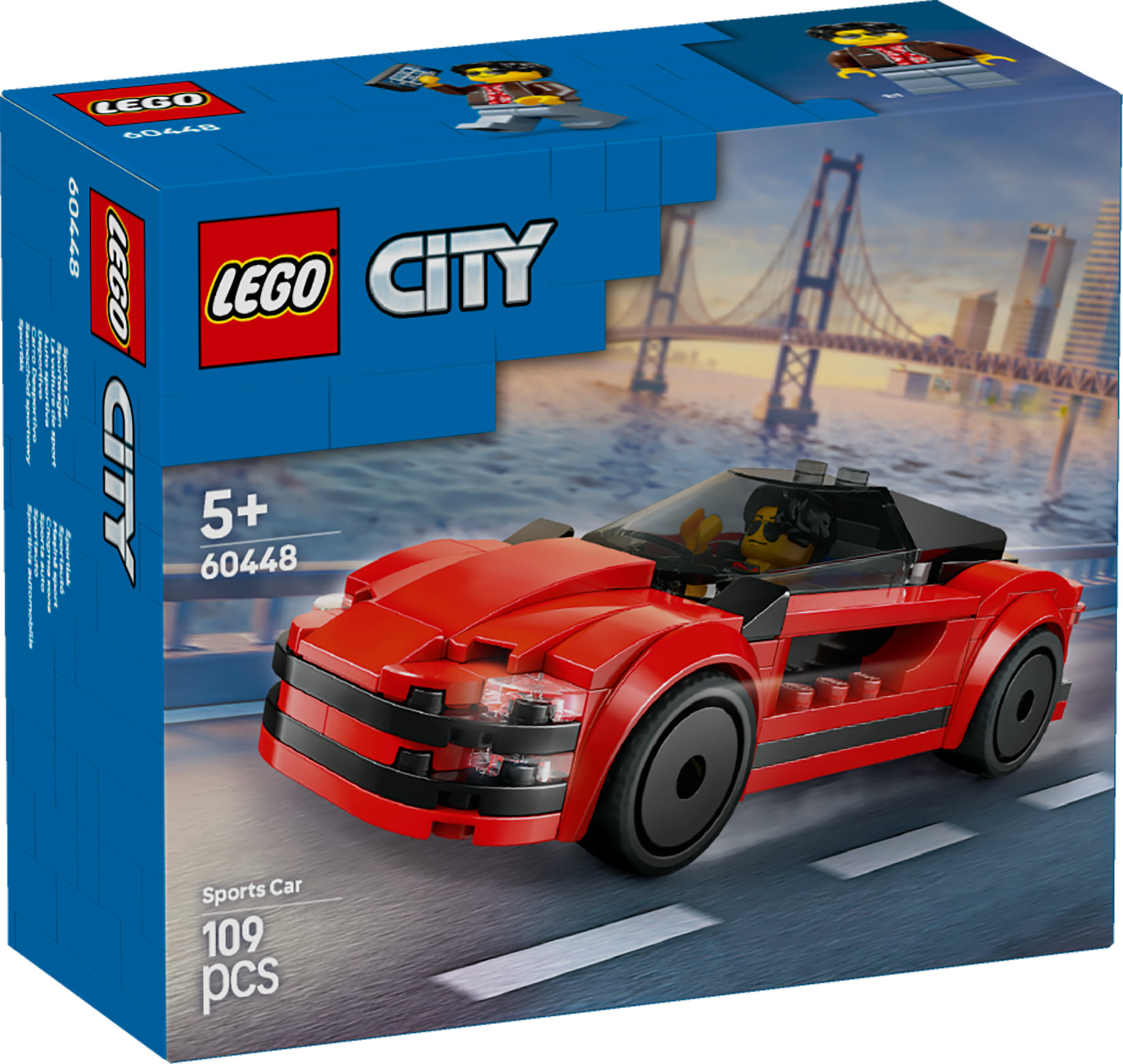 Kırmızı bir LEGO spor araba seti kutusu, arabayı bir yolda, bir minifigür sürücüsünü ve bir şehir arkaplanını gösteriyor. LEGO logoları içerir.