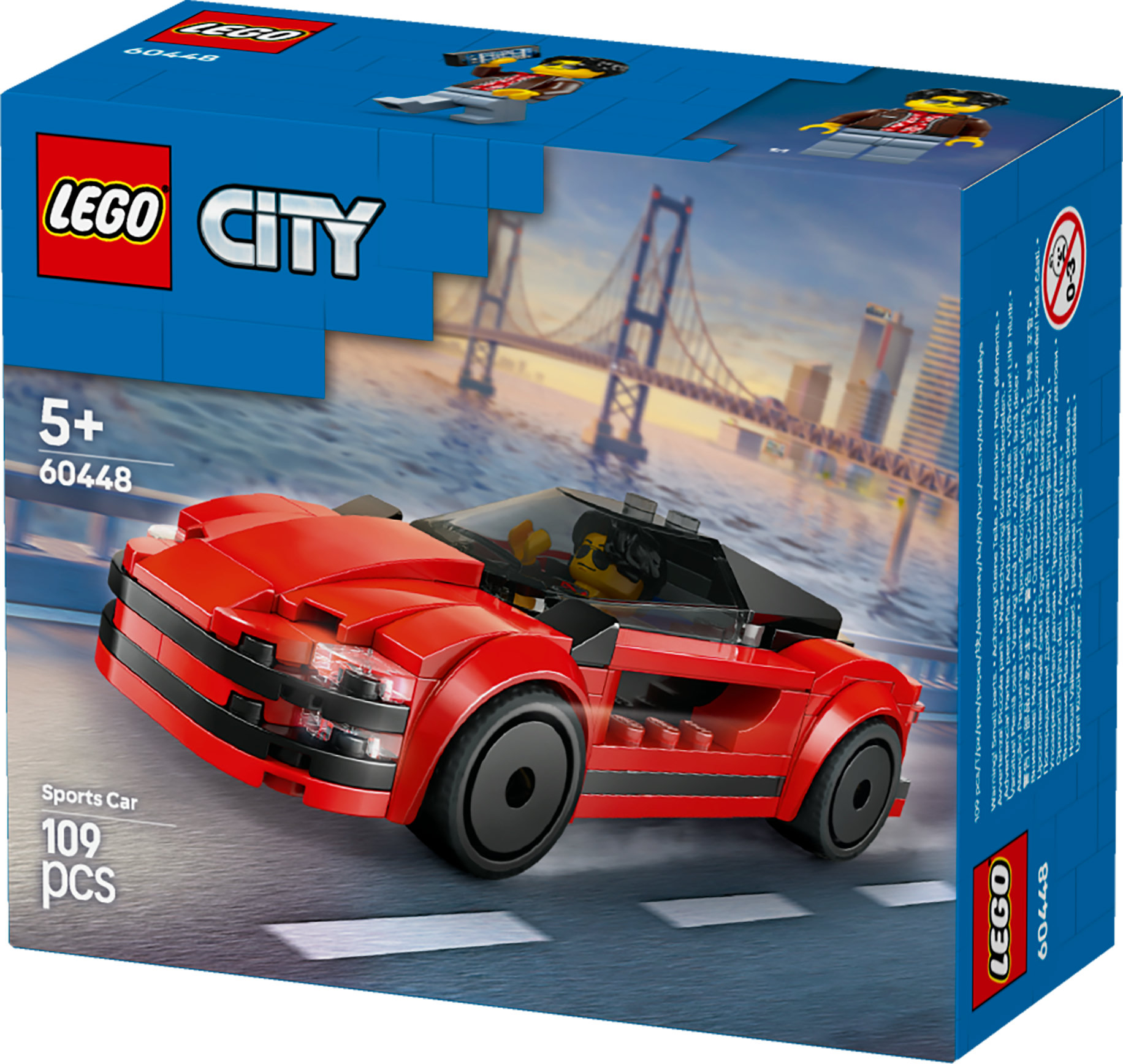 Bir LEGO spor araba kutusu, yolda kırmızı bir araba, bir köprü ve içindeki bir minifigürü gösteriyor. Kutuda LEGO ve City logoları bulunur.