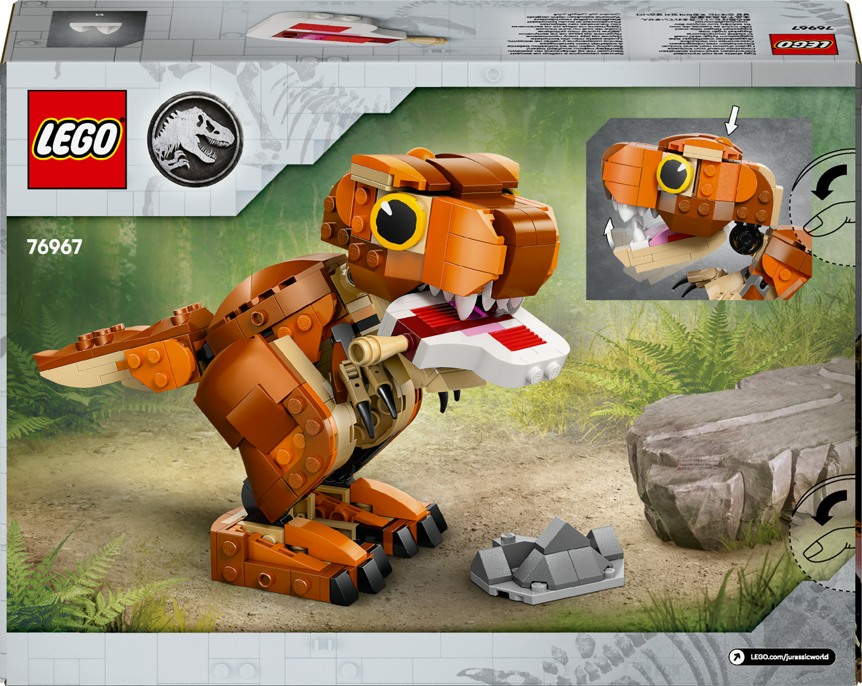 Pudełko LEGO Jurassic World przedstawia model T-Rex. Pudełko ma logo LEGO i Jurassic World oraz tło lasu.