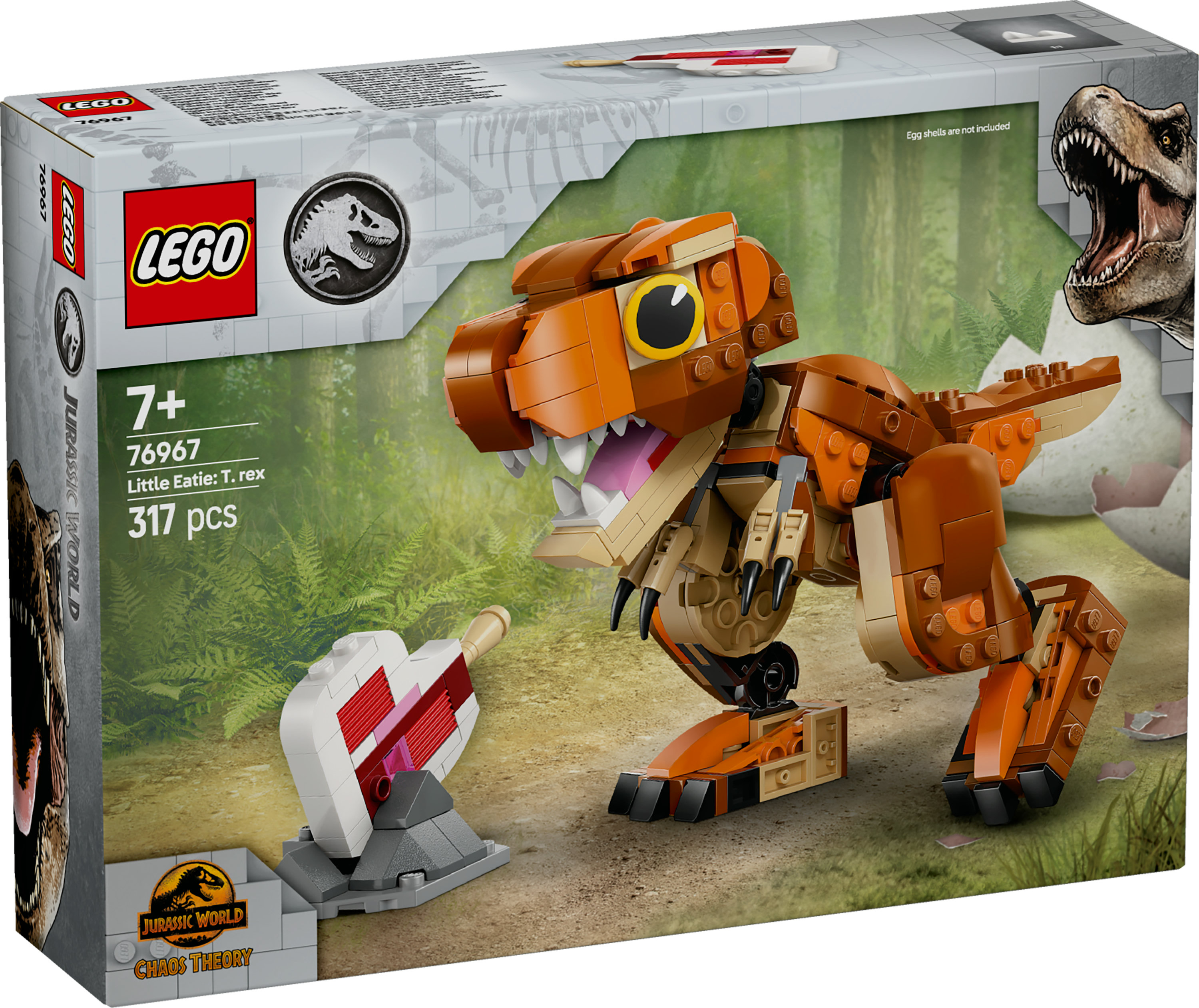 Pudełko LEGO Jurassic World przedstawia model T-Rex i model jaja. Pudełko ma logo LEGO i Jurassic World.
