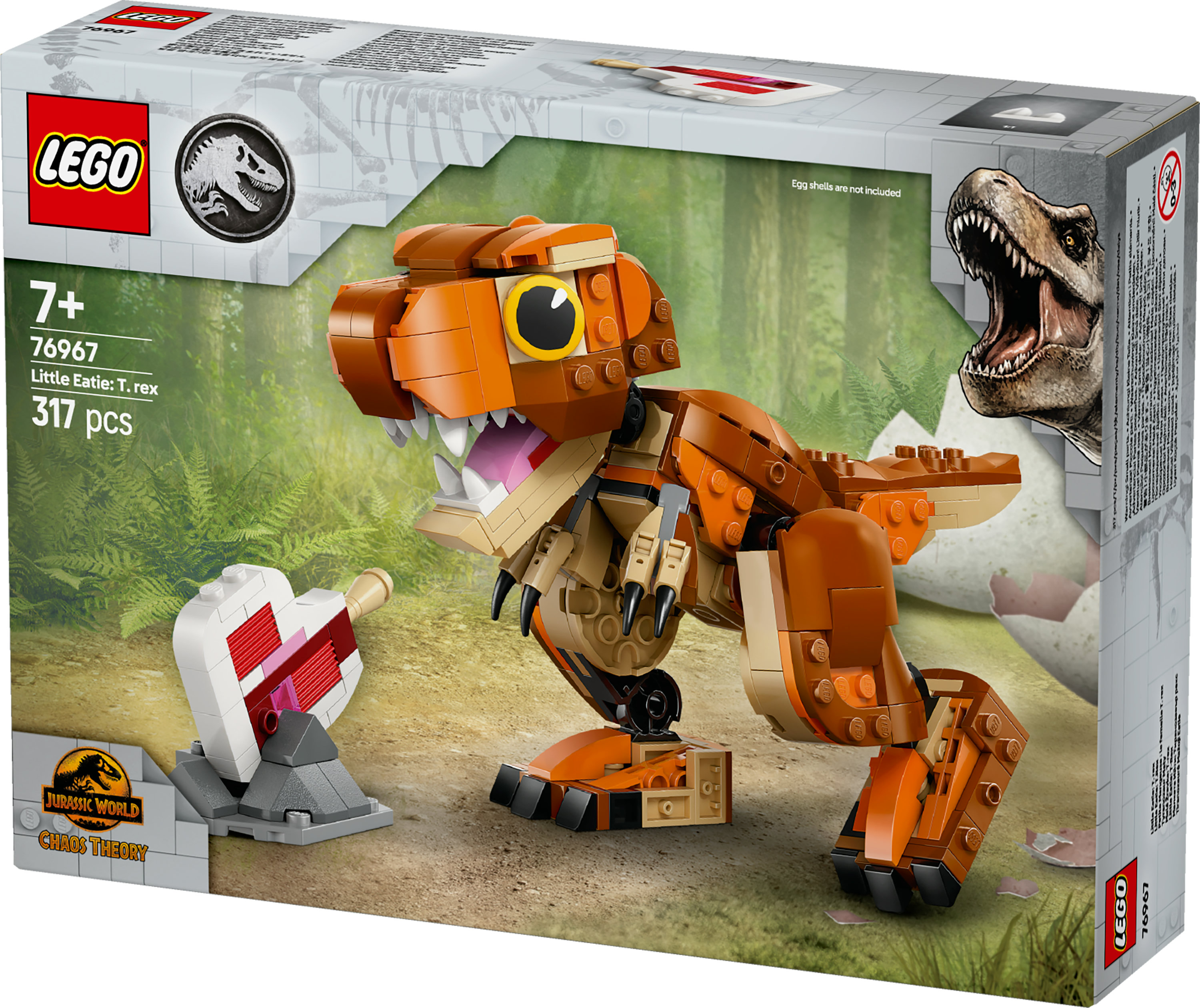 Pudełko LEGO Jurassic World przedstawia model T-Rex i model jaja. Pudełko ma logo LEGO i Jurassic World.
