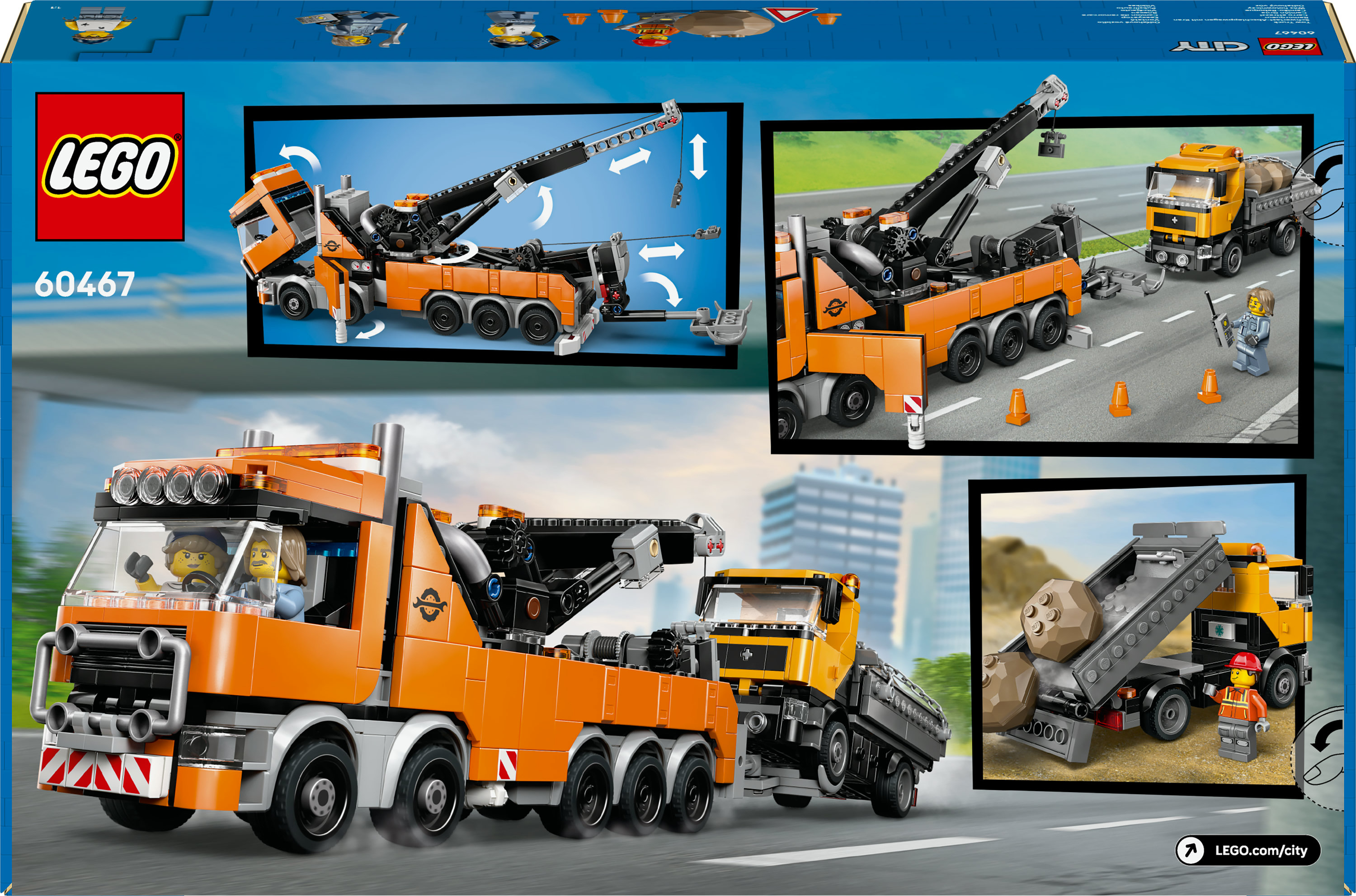 Pudełko lawety LEGO pokazuje dźwig podnoszący ciężarówkę. Minifigurki i most autostradowy w tle. Pomarańczowe odcienie.