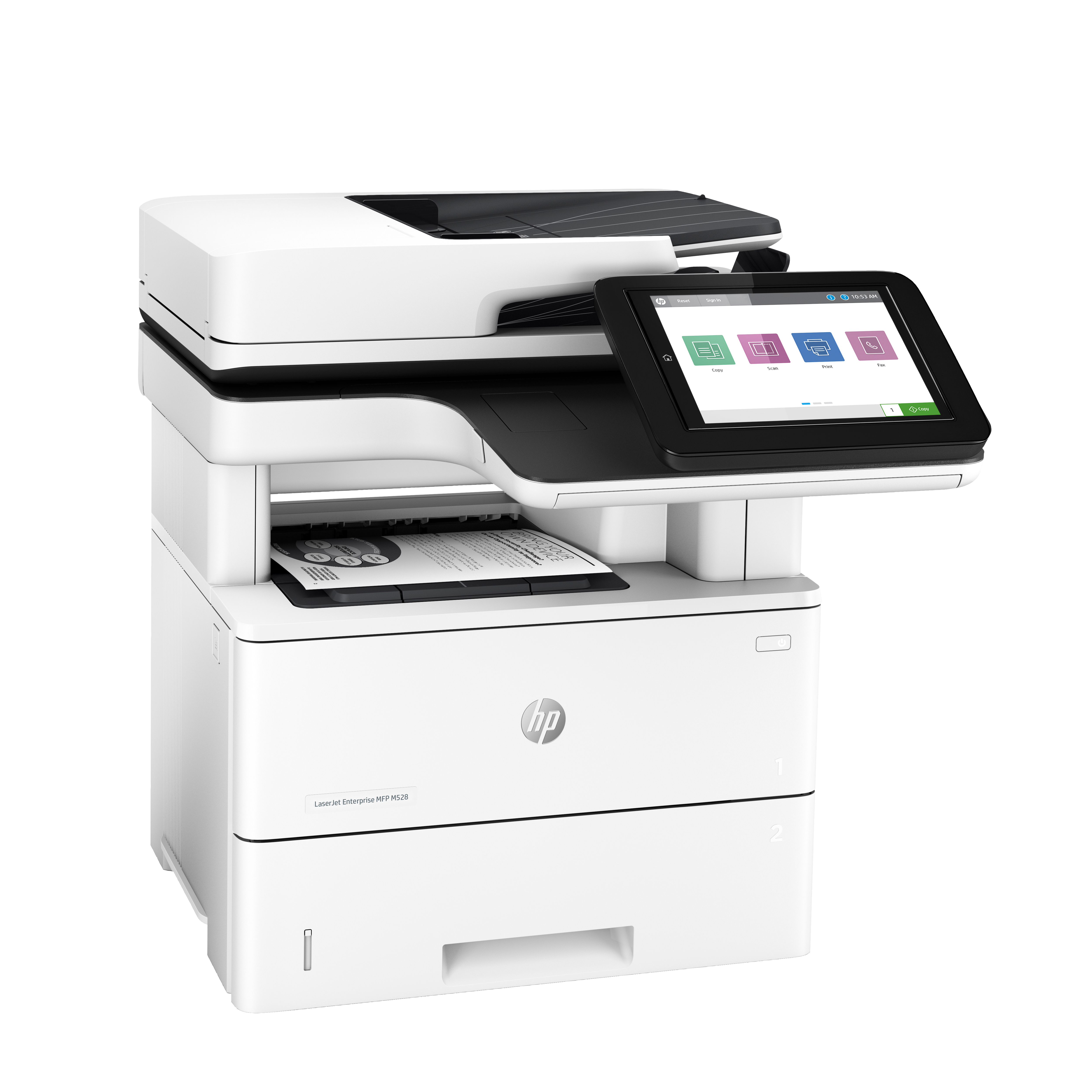 Impresora HP blanca con tapa negra. Pantalla táctil, salida de papel y logo HP.