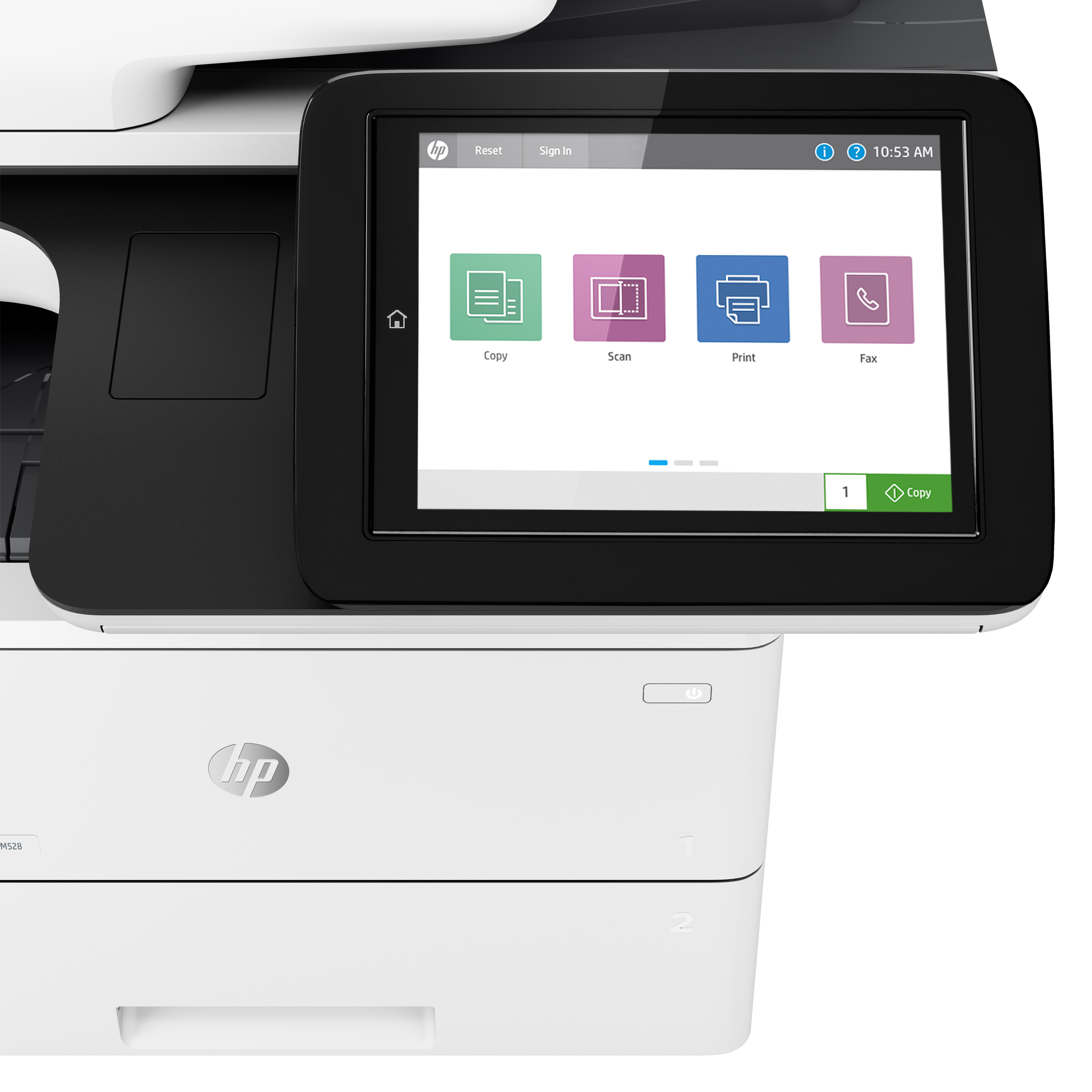 Primer plano de una impresora HP blanca y negra con pantalla táctil que muestra opciones de copia, escaneo, impresión y fax.